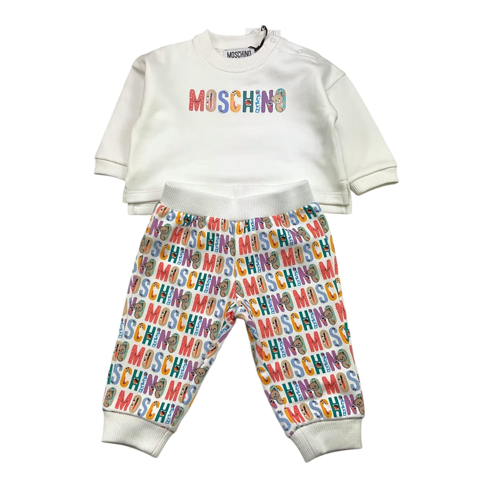 MOSCHINO completo 2pz felpa-pantalone tinta unita logato Bianco per Neonato MUK05C BIANCO MOSCHINO