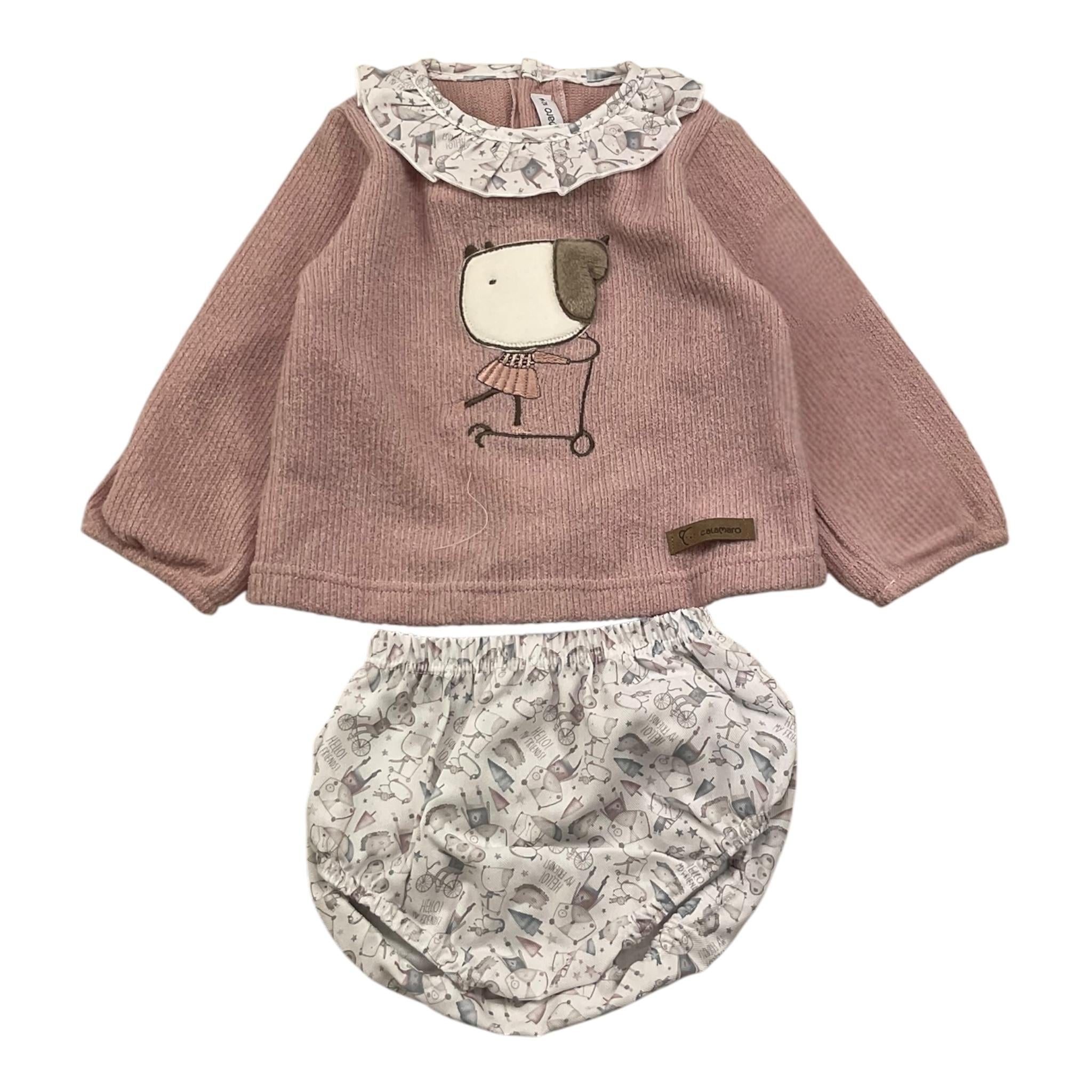CALAMARO completo 2pz maglia-coulotte bicolore con colletto in contrasto Rosa per Neonata 11020X ROSA CALAMARO