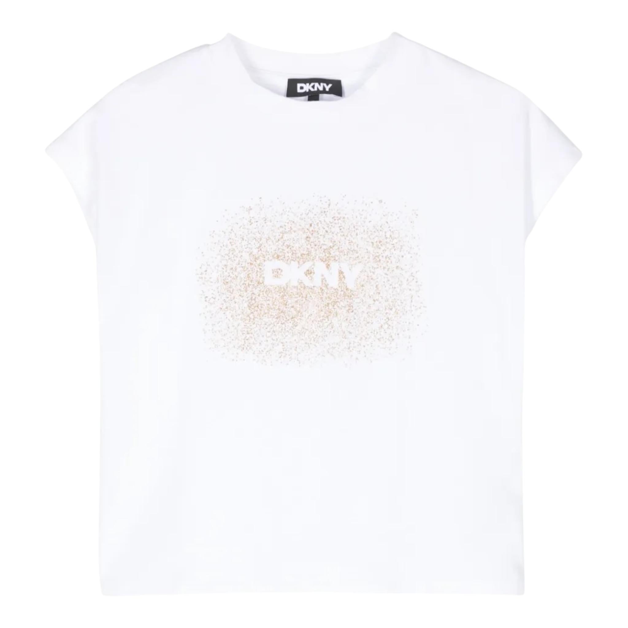DKNY t-shirt tinta unita con stampa Bianco/oro per Bambina D62023 BIANCO/ORO DKNY