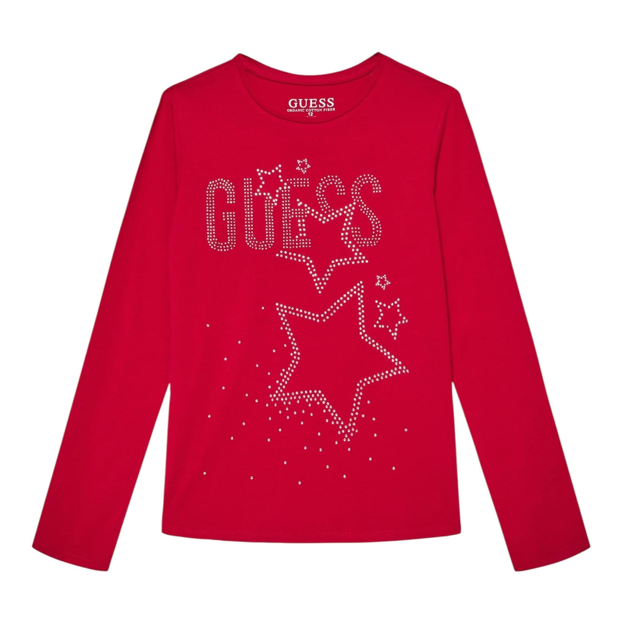 GUESS shirt girocollo tinta unita con stampa brillantinata Fuxia per Bambina J4BI09J1314X FUXIA GUESS