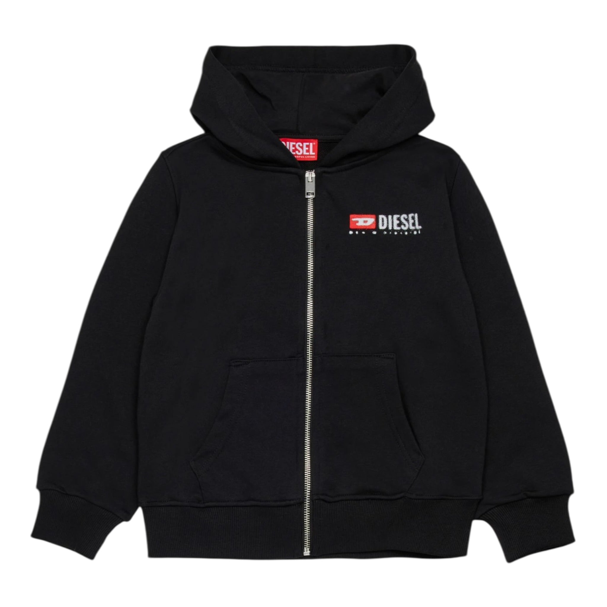 Diesel Felpa tinta unita con Zip E Cappuccio Nero per Bambino J02484 NERO DIESEL 