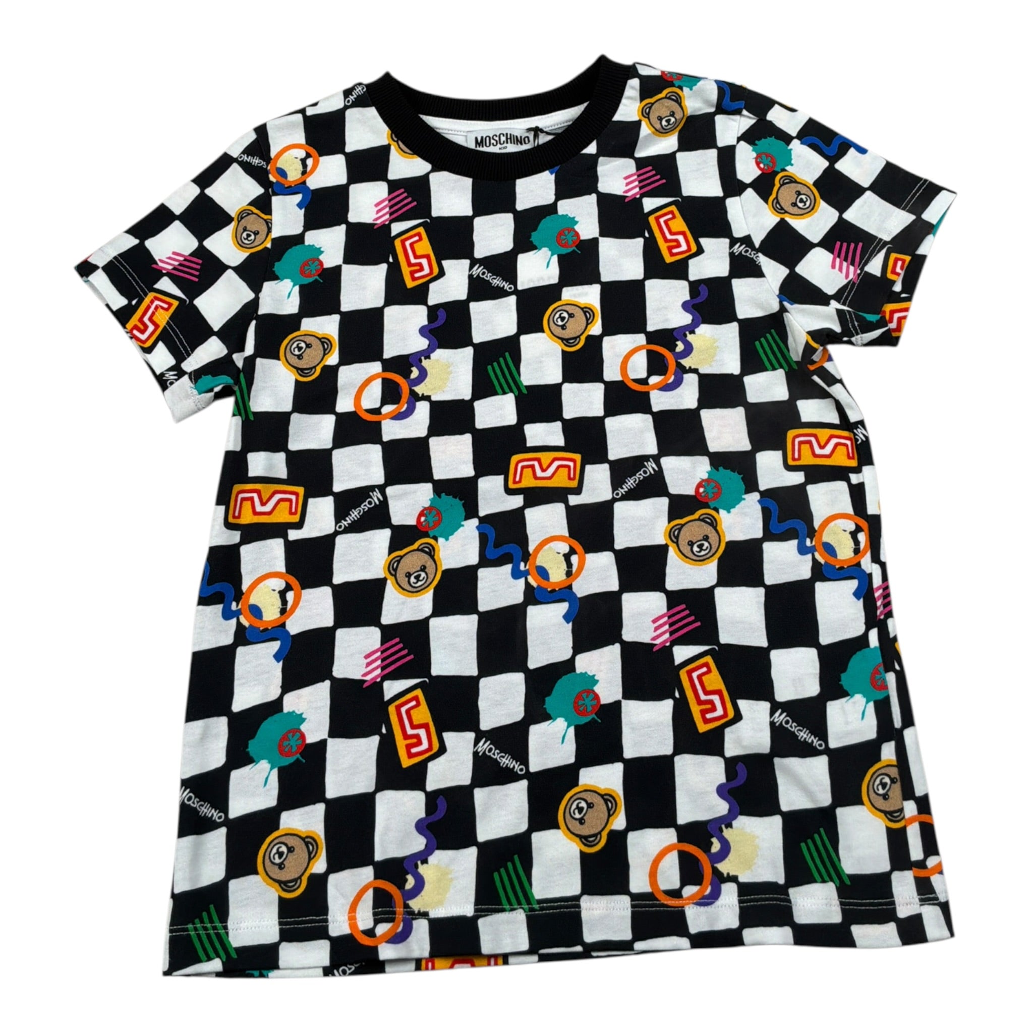 Moschino T-Shirt tinta unita con Stampa E Fantasia A Scacchi Bianco/Nero per Bambino H7M058 BIANCO/NERO MOSCHINO 