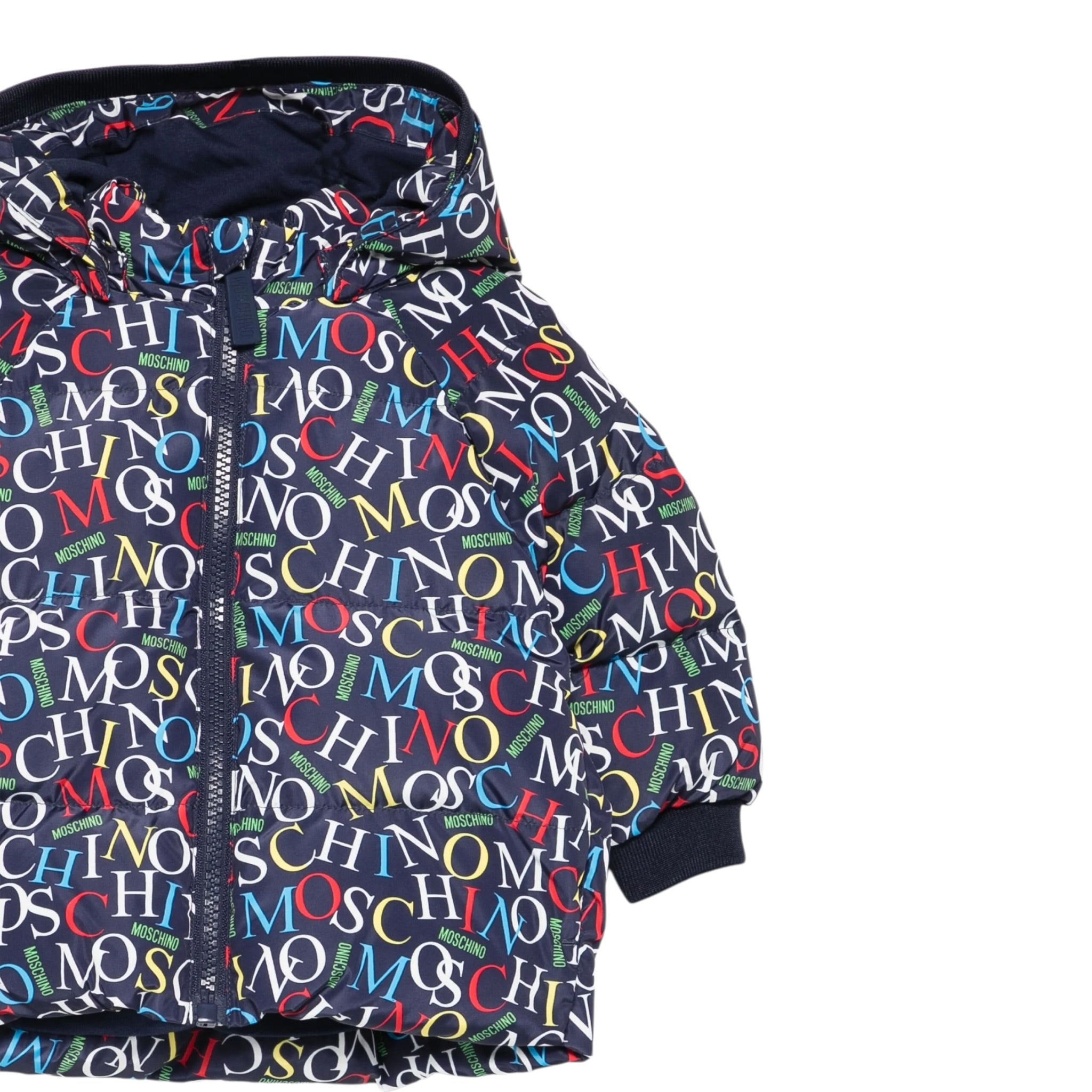 Moschino Giubbino tinta unita con Cappuccio Stampe Logo Blu per Neonato MUS031 BLU MOSCHINO 