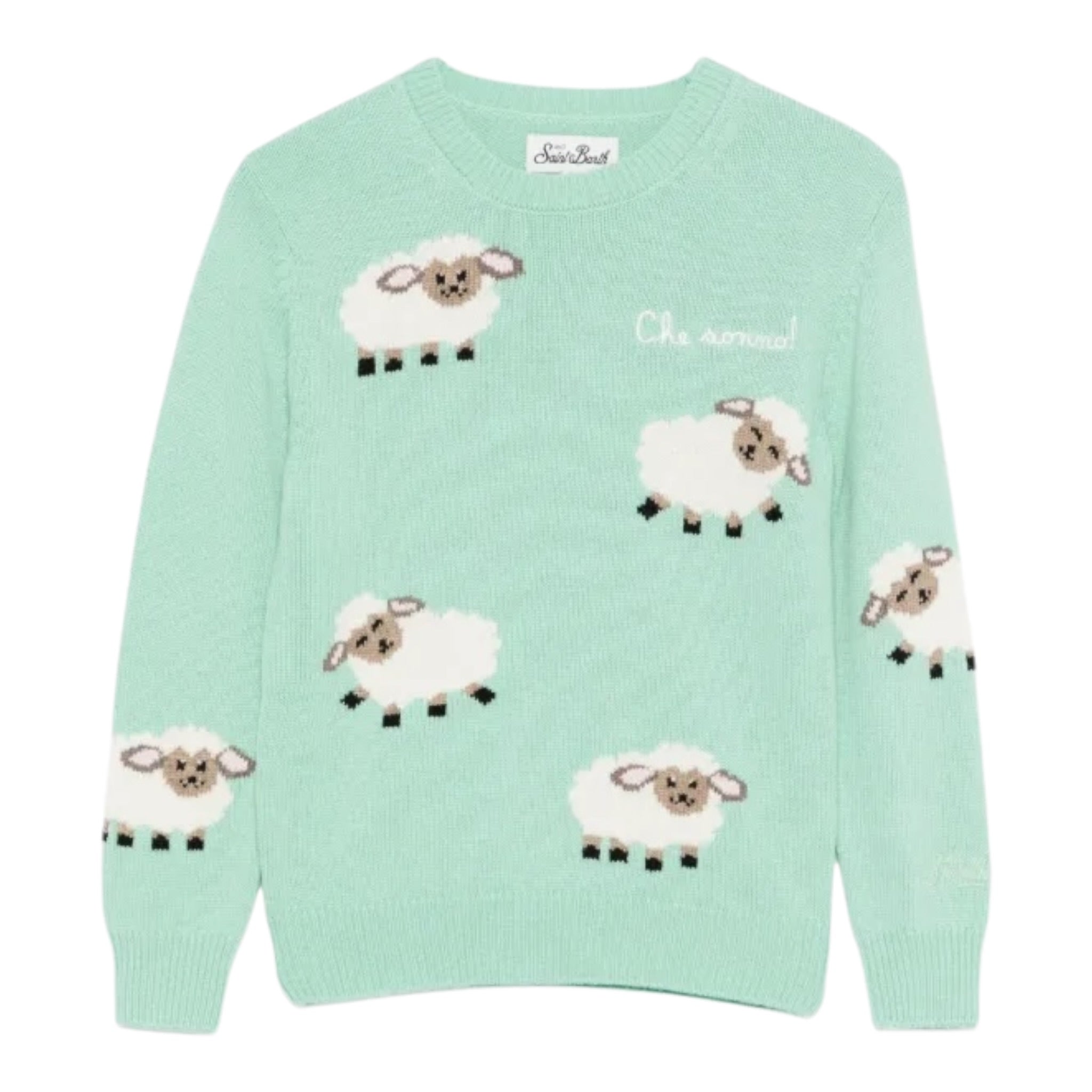Saint Barth Maglia Girocollo tinta unita con Ricami Pecore Verde Acqua per Bambina PRC0005 VERDE ACQUA SAINT BARTH 