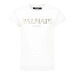 Balmain T-Shirt Girocollo Tinta Unita con Logo per Bambina BW8A911X BIANCO BALMAIN 