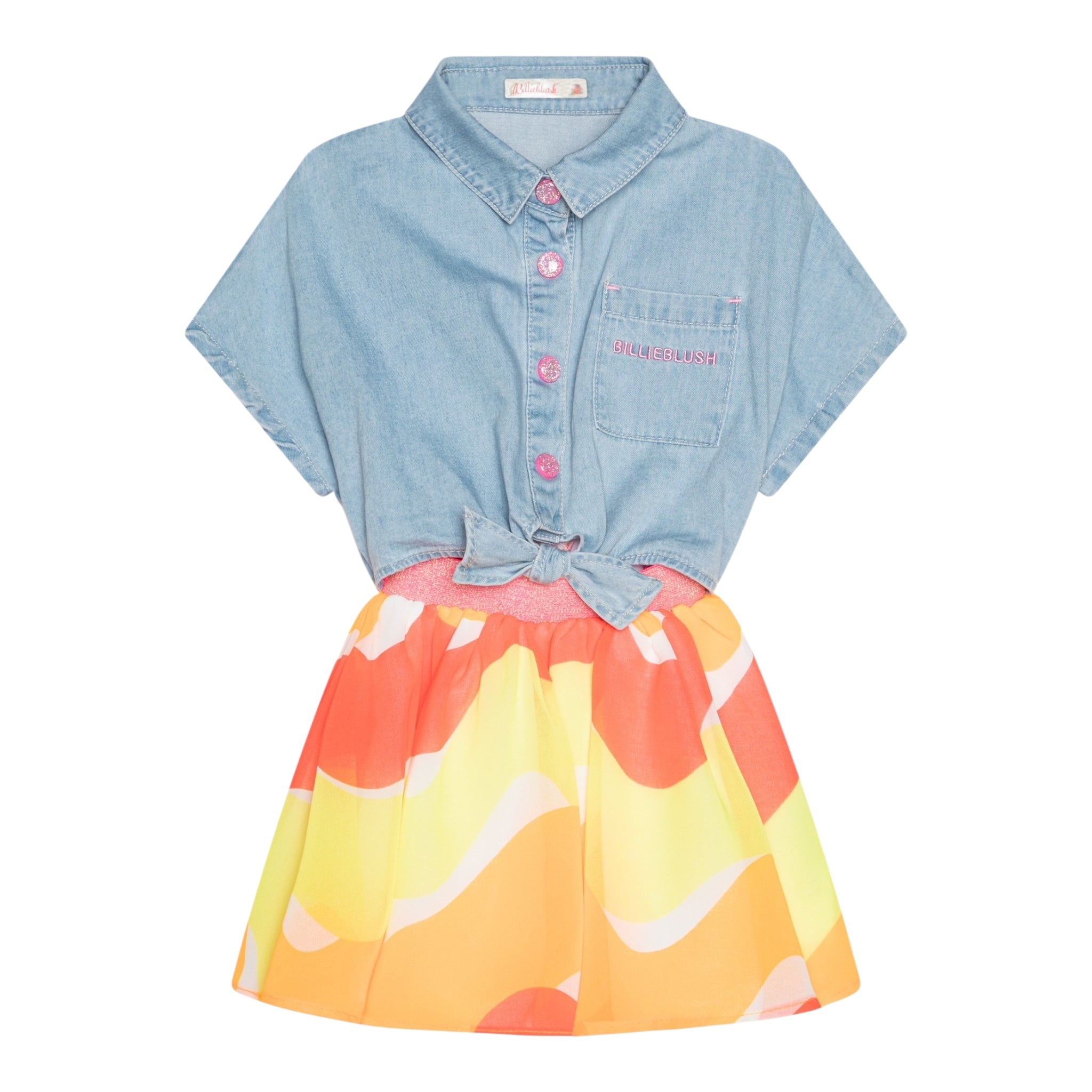 Billieblush Abito Tinta Unita con Gonnellone Multicolor E Denim Giromanica per Bambina U21023 AZZURRO BillIEBLUSH 
