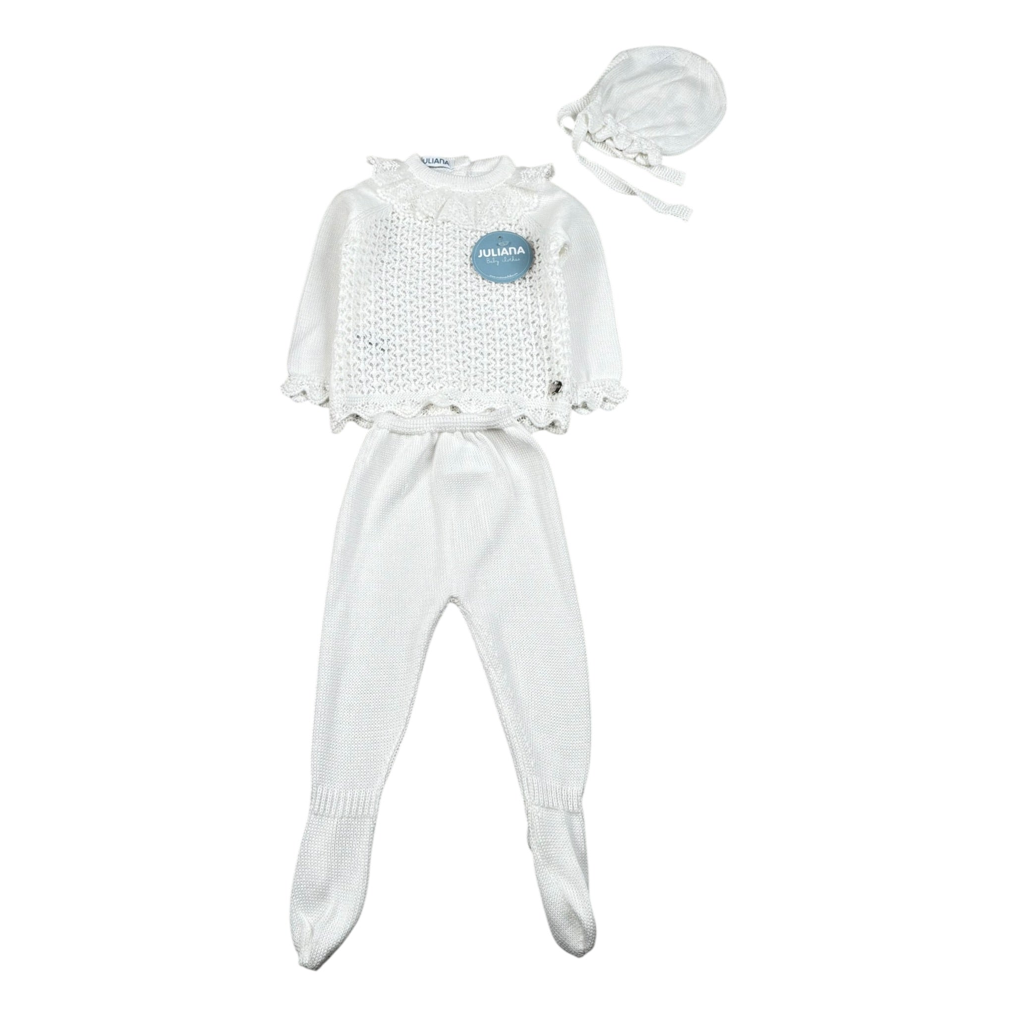 Juliana Completo 3 Pezzi Maglia-Ghettina-Cappello Bianco per Neonata 25036 BIANCO JULIANA 