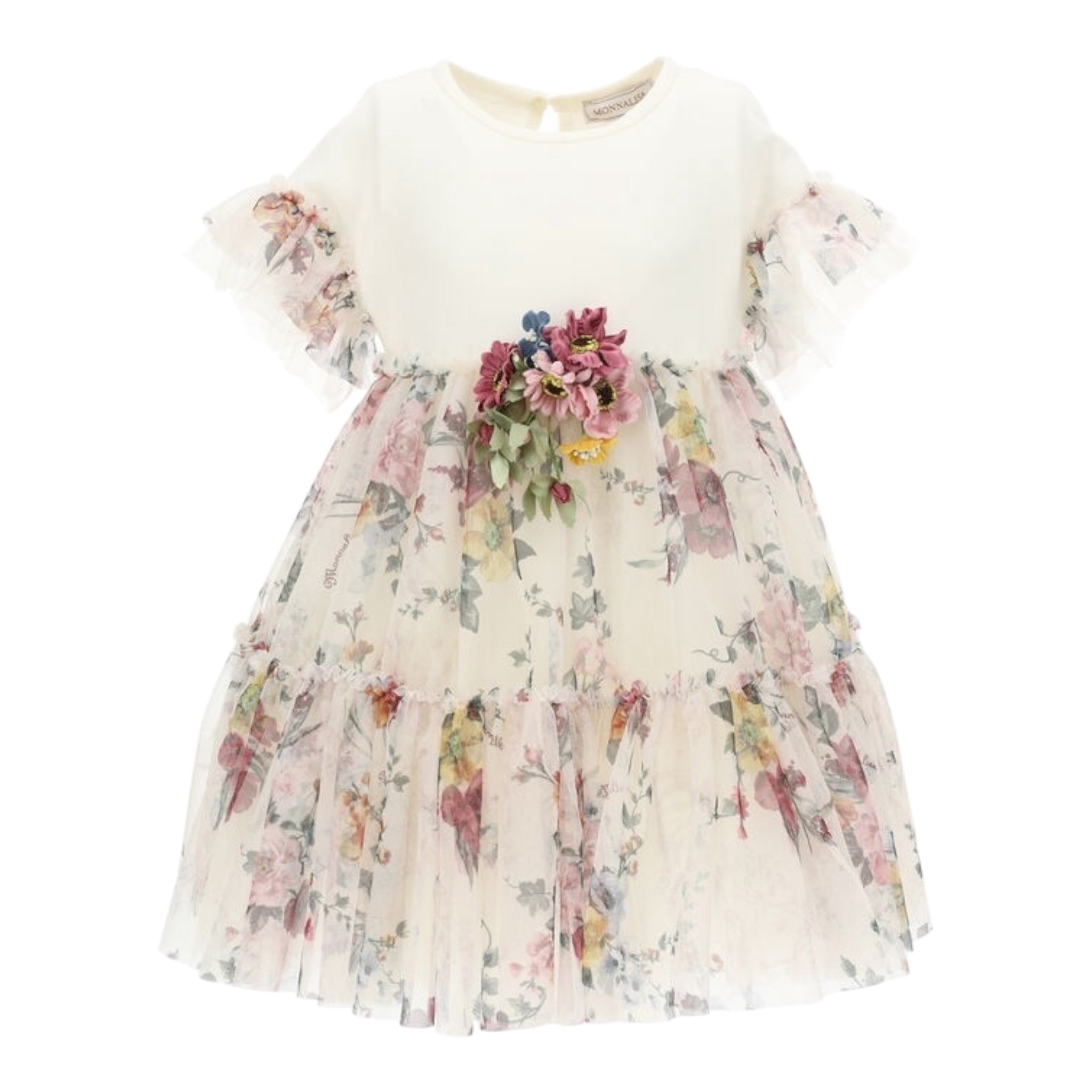 Monnalisa Abito Tinta Unita con Fantasia Fiori E Tulle per Bambina 110903 AVORIO MONNALISA 