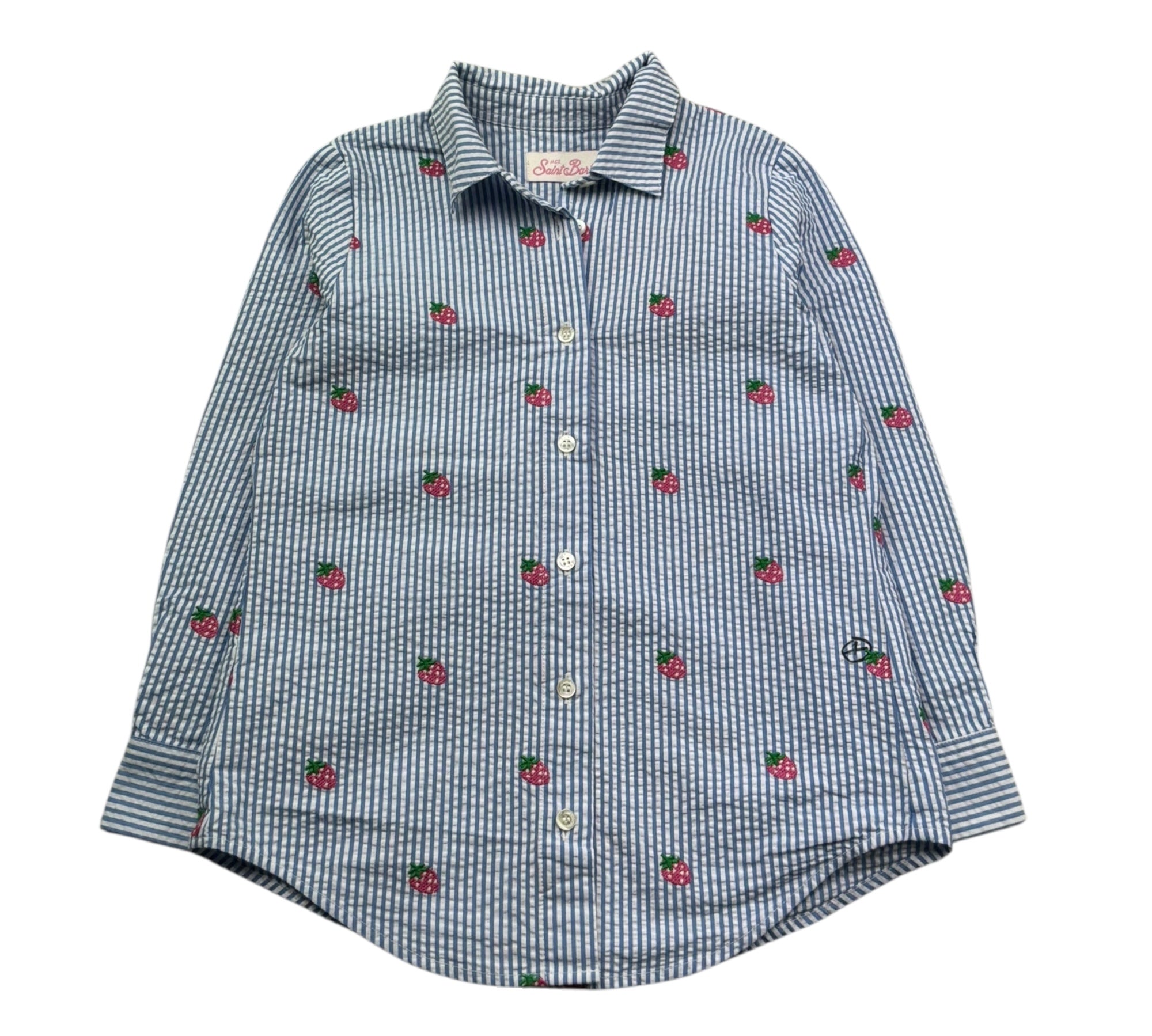 Saint Barth Camicia Manica Lunga Fantasia A Irghe E Ricami Fragole per Bambina MINIBRIGITTE BLU SAINT BARTH 