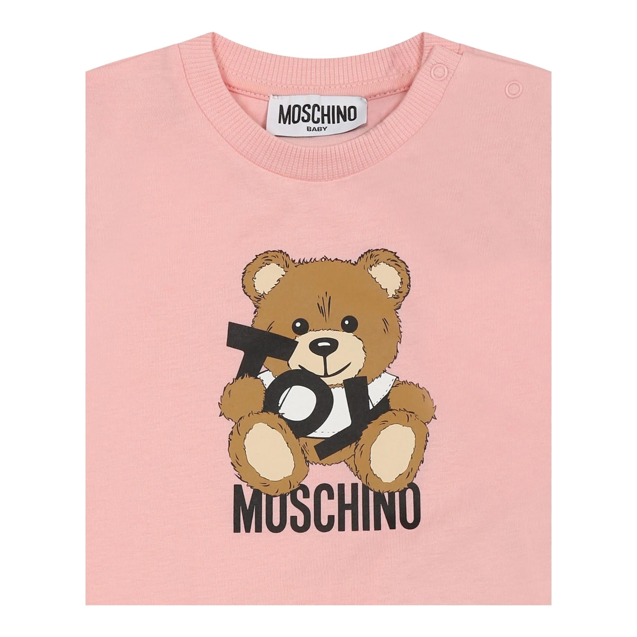 Moschino T-Shirt Girocollo Tinta Unita con Orso per Neonata MNM047L ROSA MOSCHINO 