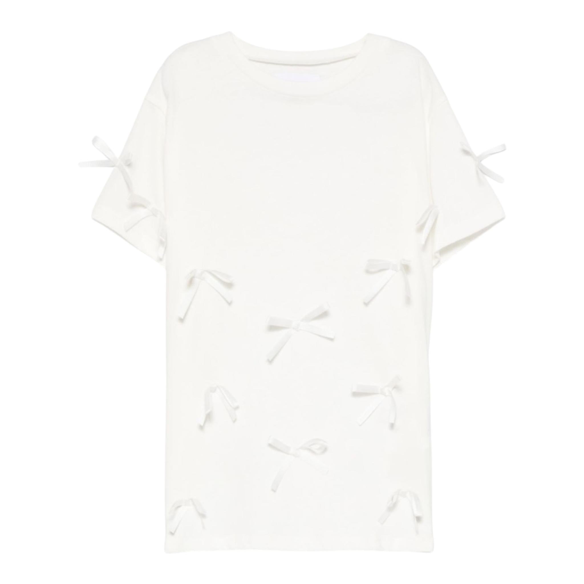 Dou Dou T-Shirt Girocollo Tinta Unita con Applicazioni Fiocchi per Bambina DW8A31 BIANCO DOU DOU 