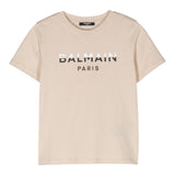 Balmain T-Shirt Girocollo Tinta Unita Con Stampa In Contrasto Beige Per Bambino