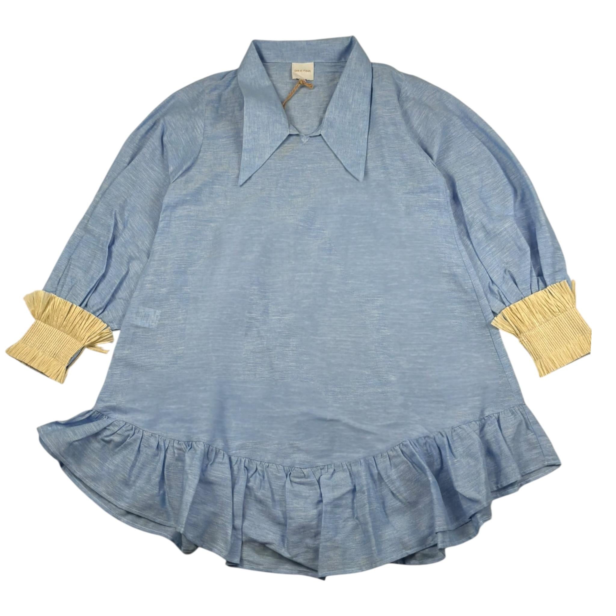 Coco' Et Mama' Abito Manica Lunga Tinta Unita con Polsini In Paglia per Bambina RHEA AZZURRO COCO' ET MAMA' 