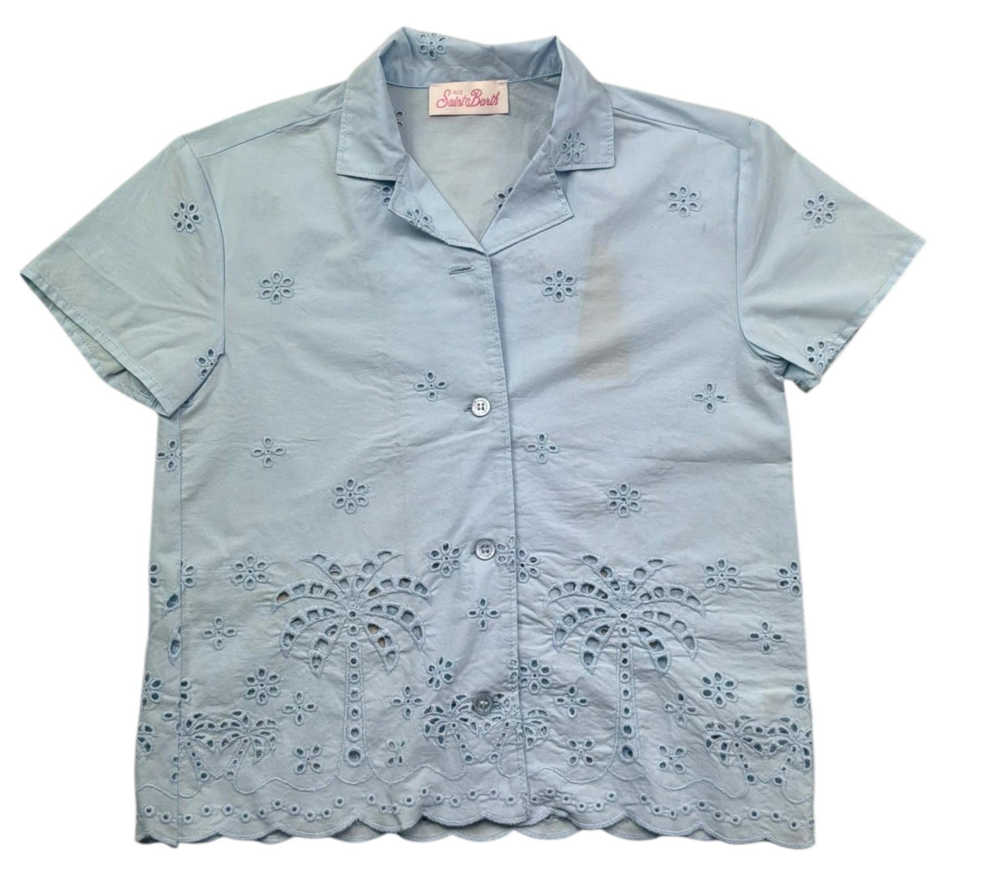 Saint Barth Camicia Mezza Manica Tinta Unita In Pizzo Sangallo per Bambina EVERLEE AZZURRO SAINT BARTH 