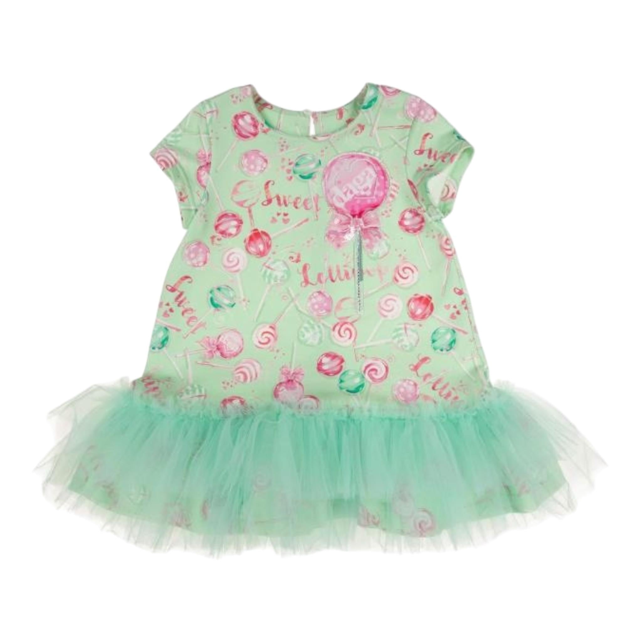Daga Collection Abito Tinta Unita con Stampa E Tulle per Bambina M10125 VERDE DAGA COLLECTION 