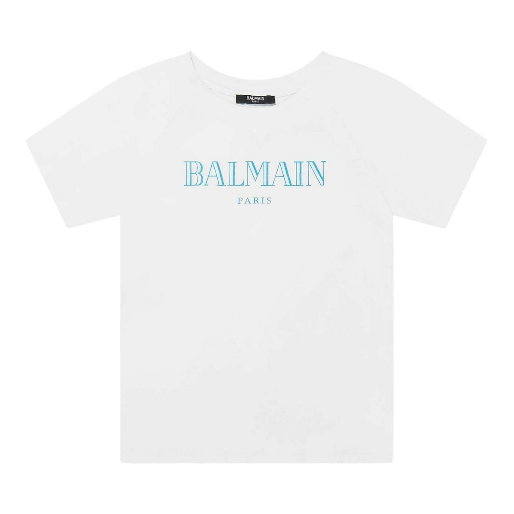 Balmain T-Shirt Girocollo Tinta Unita con Stampa Logo per Bambino BW8P21 BIANCO BALMAIN 
