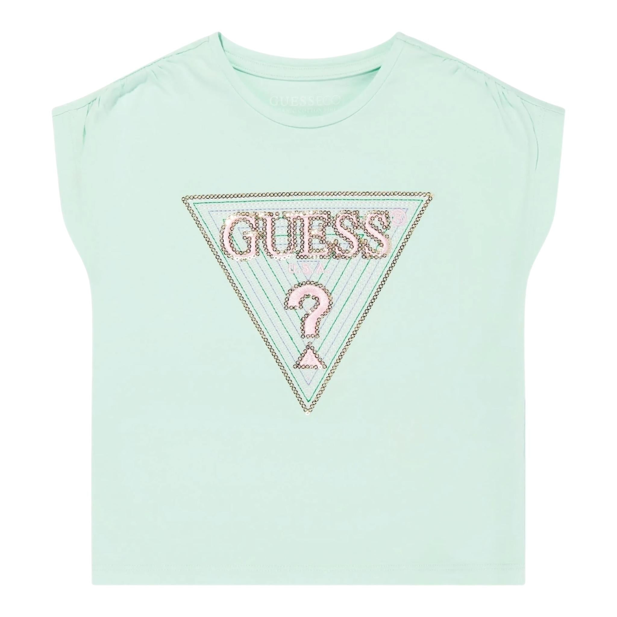 Guess T-Shirt Tinta Unita con Stampa E Paillettes per Neonata K5GI12K6YW4 VERDE ACQUA GUESS 