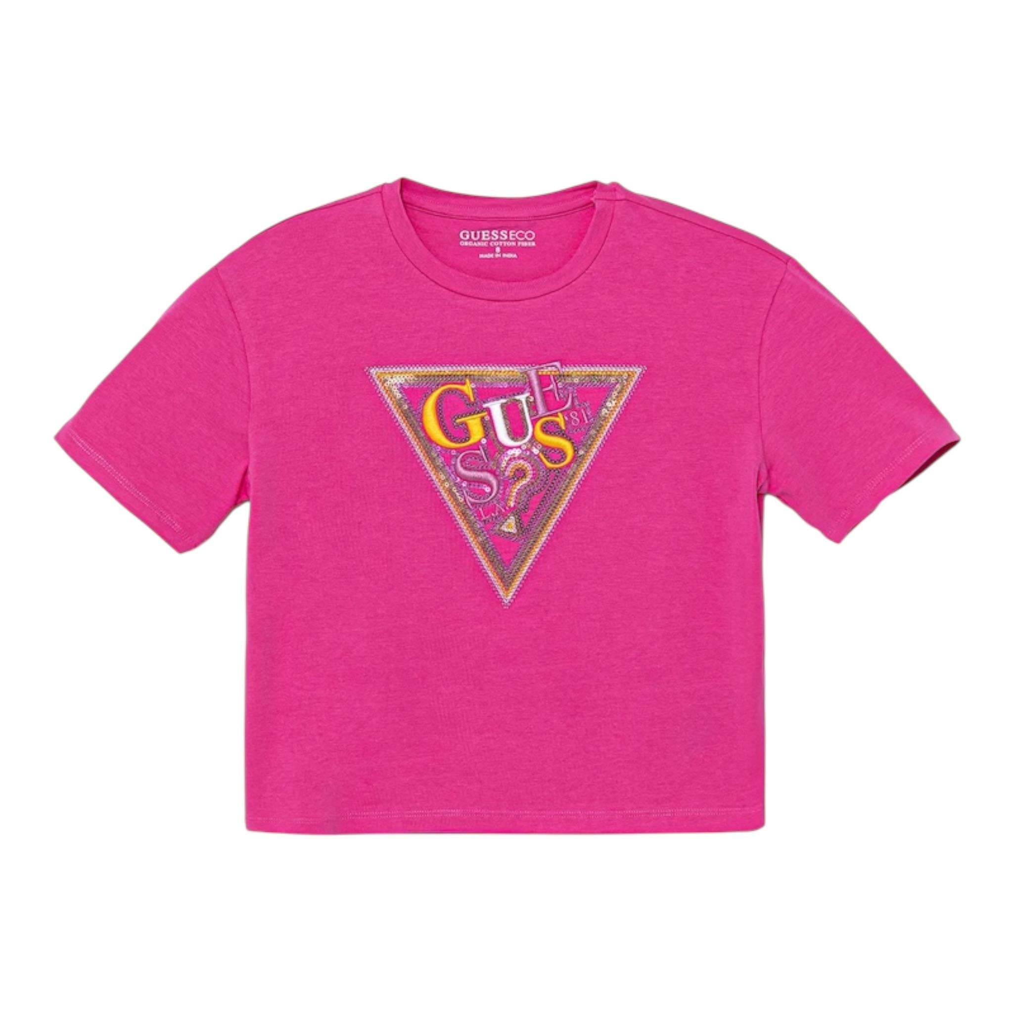Guess T-Shirt Girocollo Tinta Unita con Stampa per Bambina J5GI04K6YW4 FUXIA GUESS 