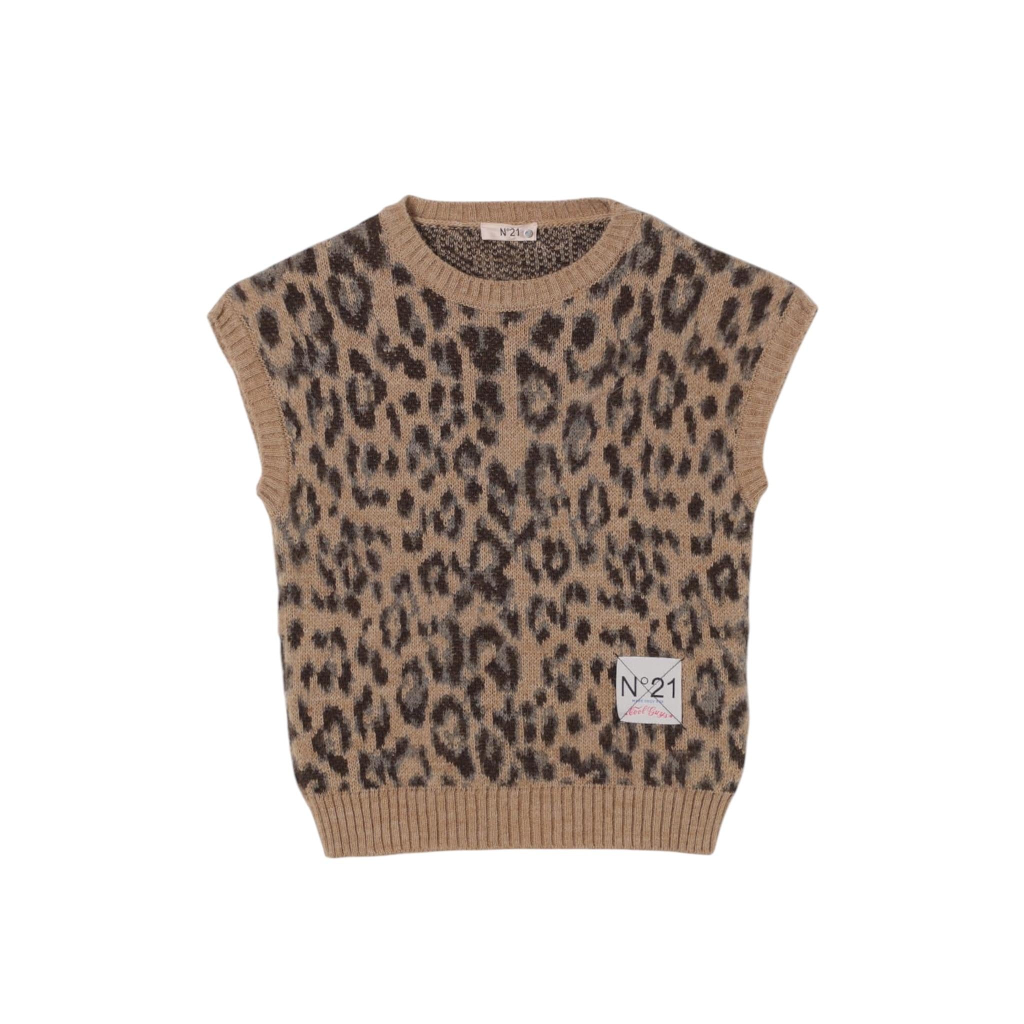 N°21 maglia tinta unita giromanica con fantasia maculato Beige per Bambina N21997 BEIGE N°21 