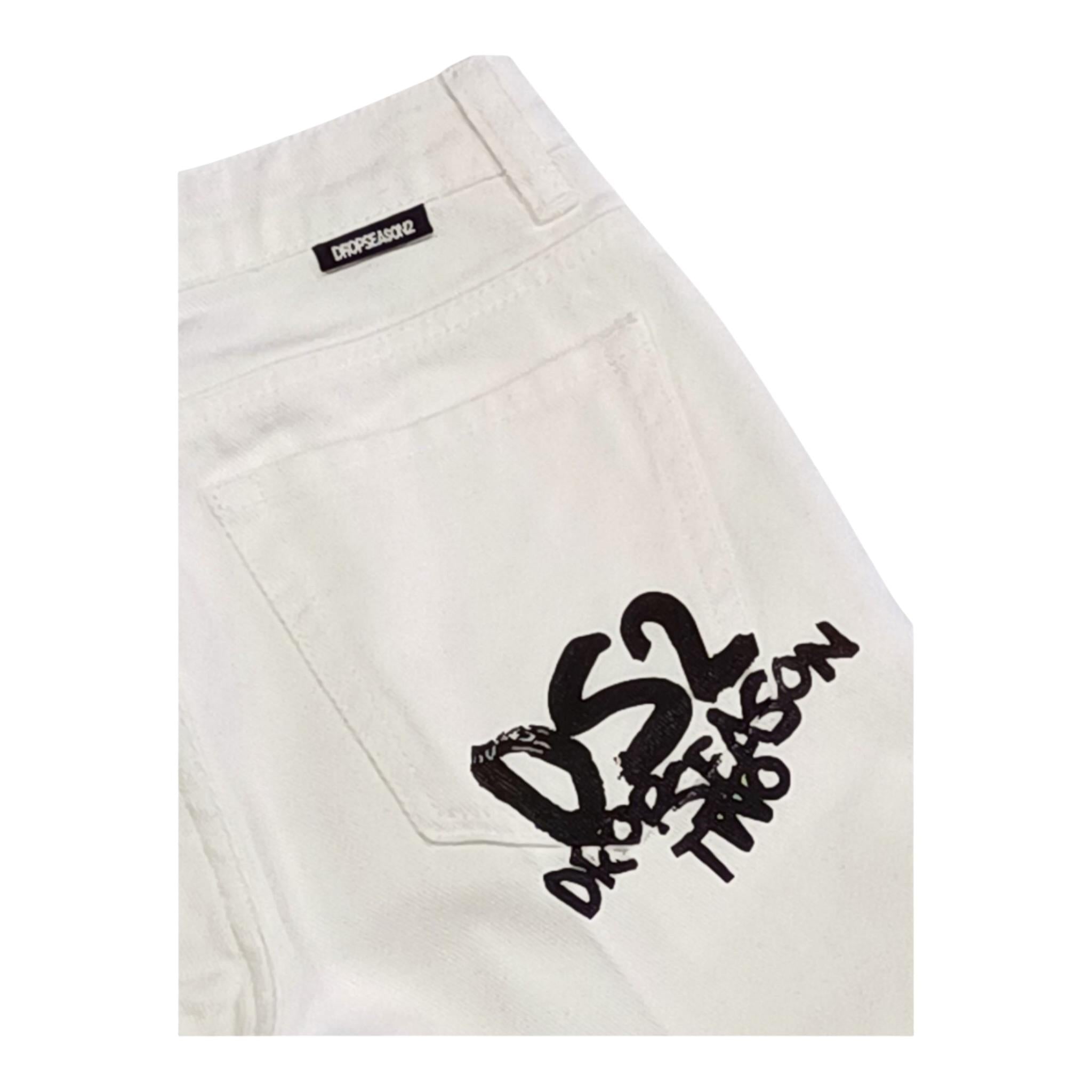 Dropseason2 Bermuda In Denim Tinta Unita con Stampa per Bambino SS25K002 BIANCO DROPSEASON2 