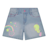 Billieblush Short In Denim Tinta Unita con Stampa Titti Azzurro per Bambina
