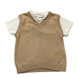 Le Bebe' T-Shirt Girocollo Tinta Unita Con Finto Gilet In Maglia Bianco/Beige Per Neonato