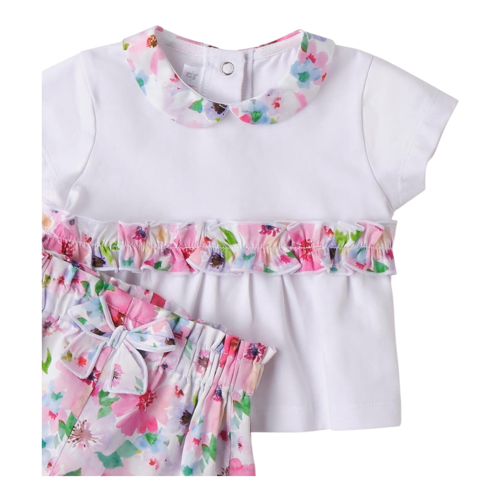 Minibanda Completo 2 Pezzi Short-T-Shirt Tinta Unita con Stampa Fiori per Neonata 3B787 BIANCO MINIBANDA 