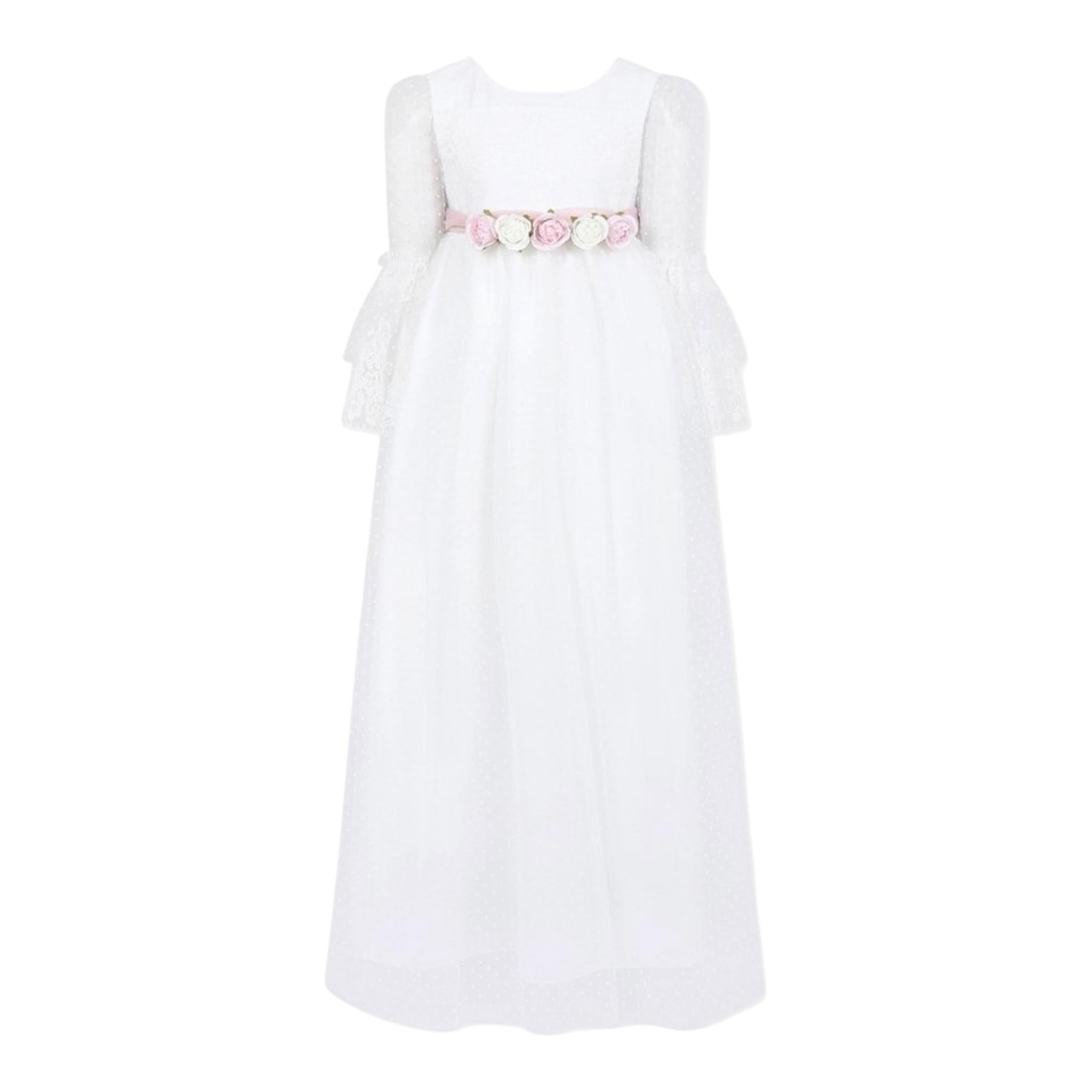 Monnalisa Abito Manica Lunga Velata Tinta Unita con Cinturino per Bambina 71E906 BIANCO MONNALISA 