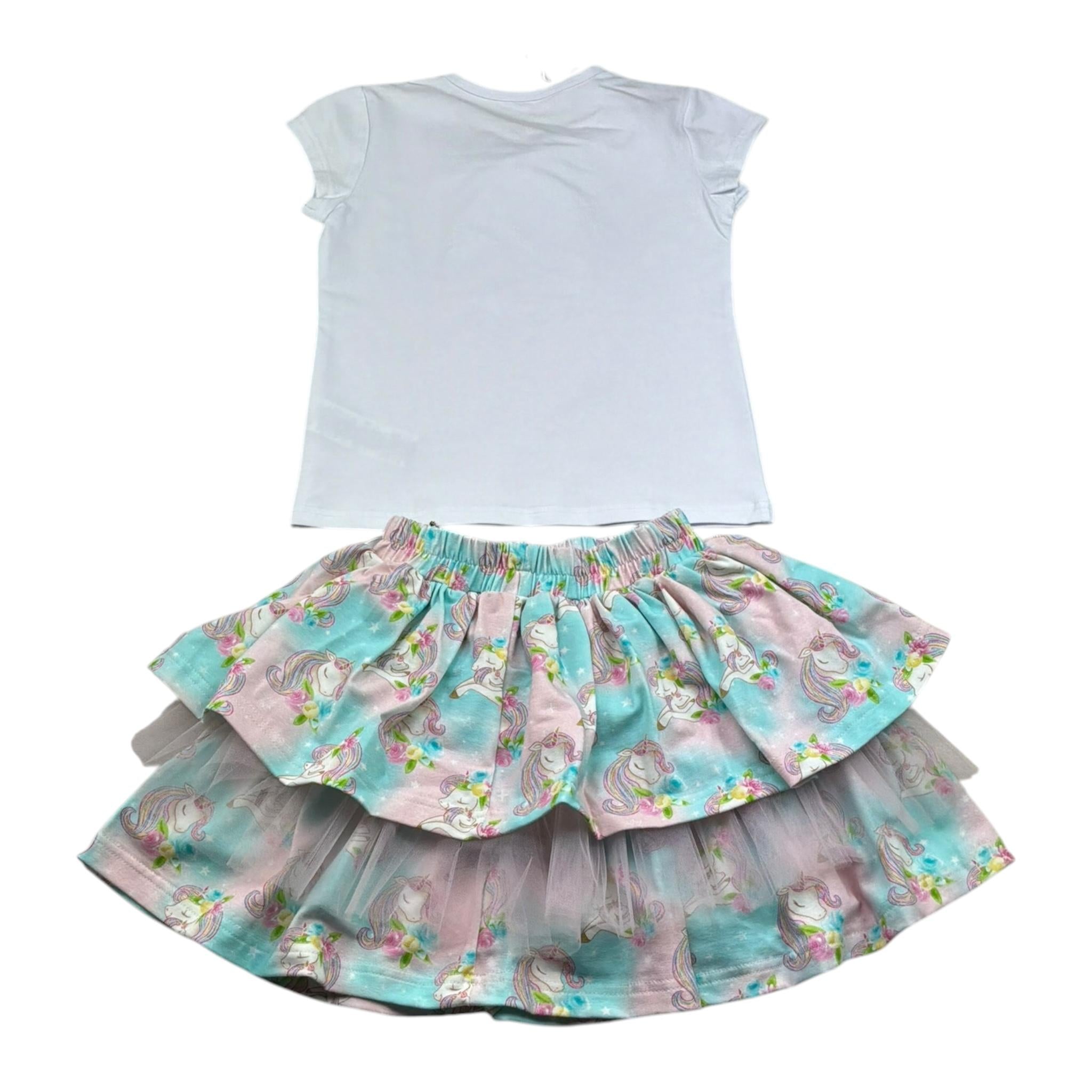 Daga Collection Completo Gonna-T-Shirt Tinta Unita con Stampa Unicorno per Bambina M10086 BIANCO DAGA COLLECTION 