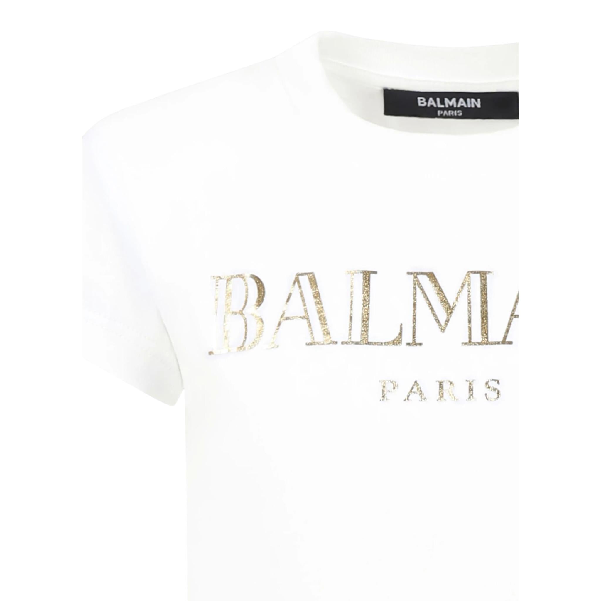 Balmain T-Shirt Girocollo Tinta Unita con Logo per Bambina BW8A911X BIANCO BALMAIN 