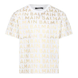Balmain T-Shirt Girocollo Tinta Unita Con Stampe Logo Bianco Per Bambina