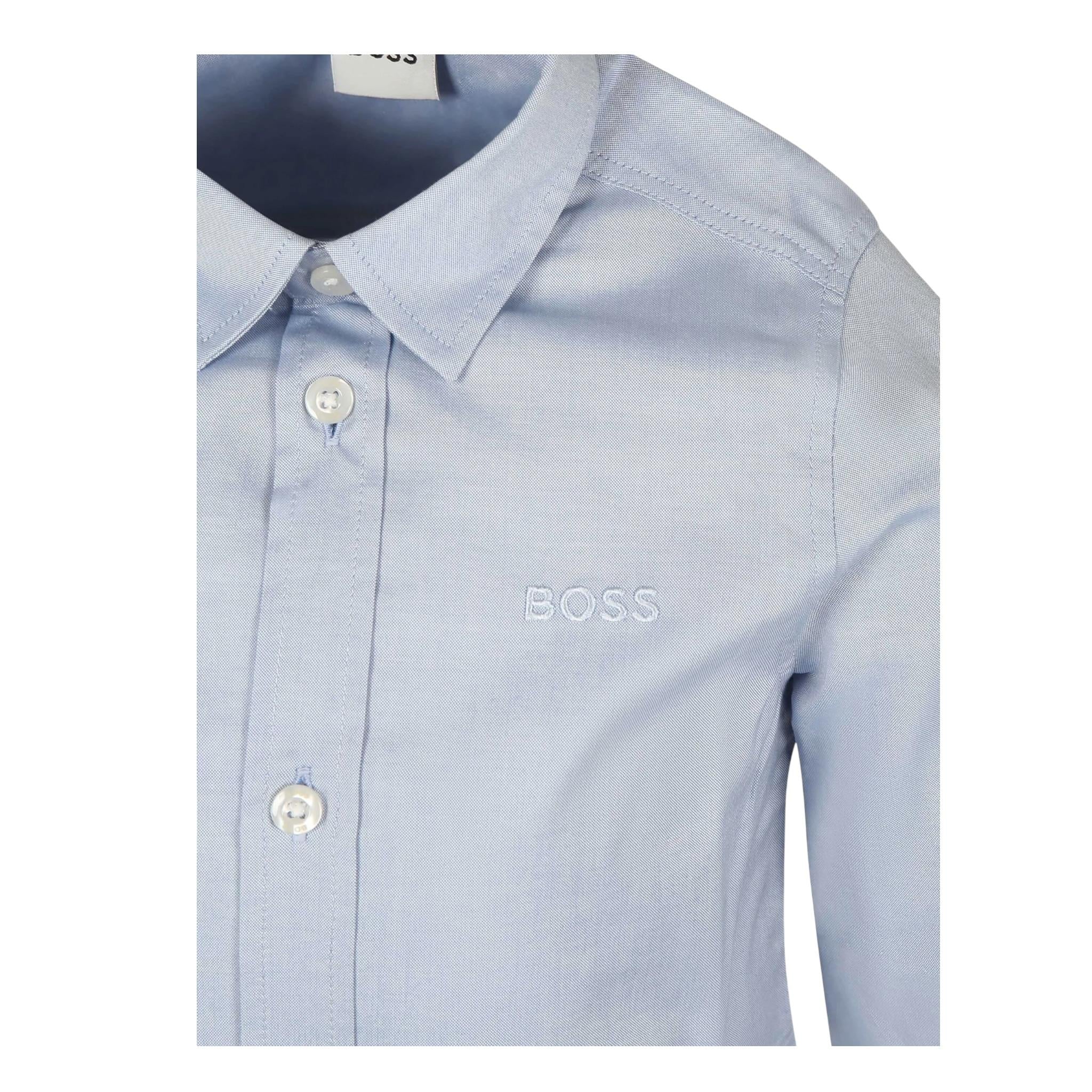 Boss Camicia Manica Lunga Tinta Unita con Logo per Bambino J52009 AZZURRO BOSS 