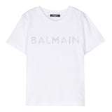 Balmain T-Shirt Girocollo Tinta Unita Con Stampa Brillantinata Bianco Per Bambina
