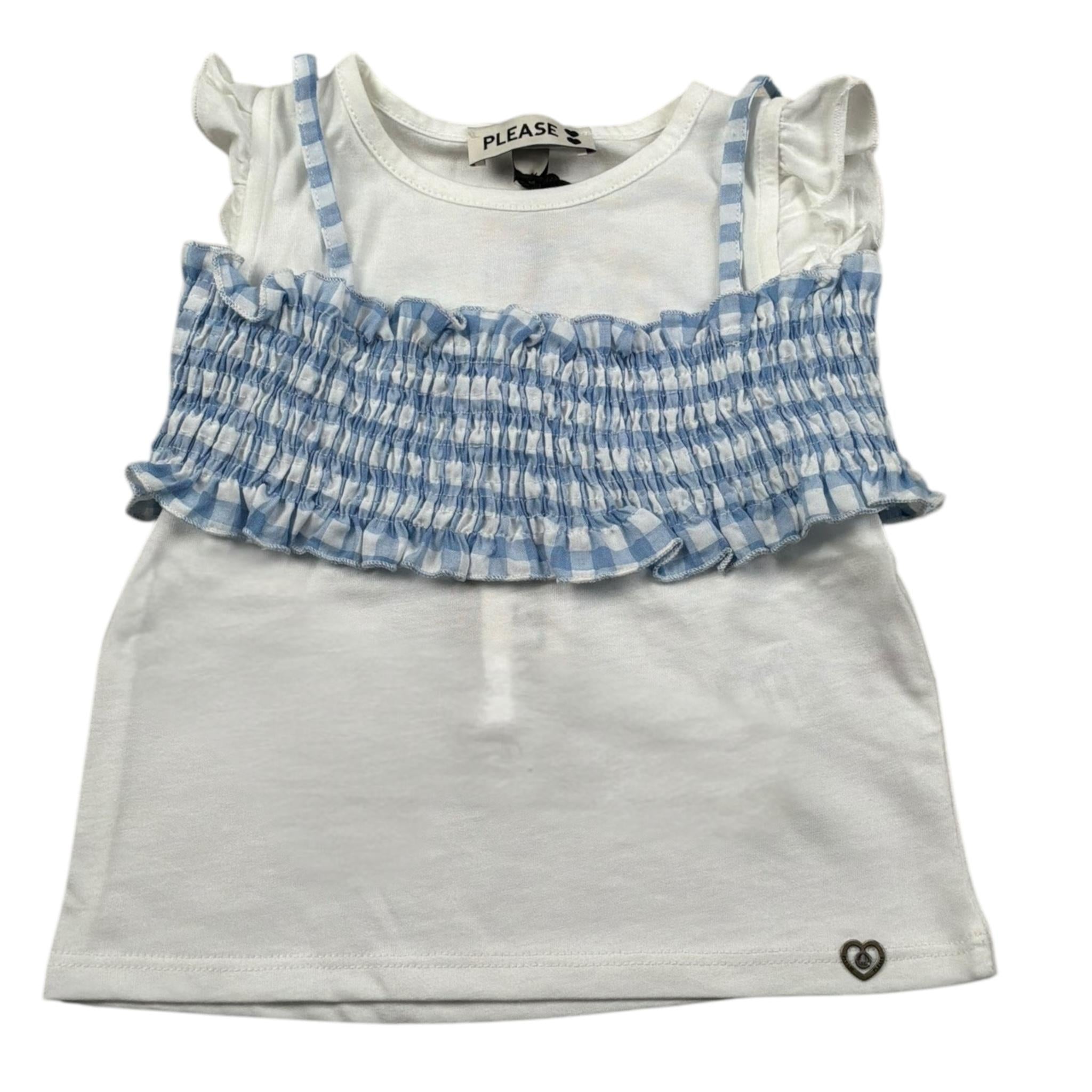 Please T-Shirt Girocoll Tinta Unita con Top per Neonata MQ02030G71 BIANCO/AZZURRO PLEASE 