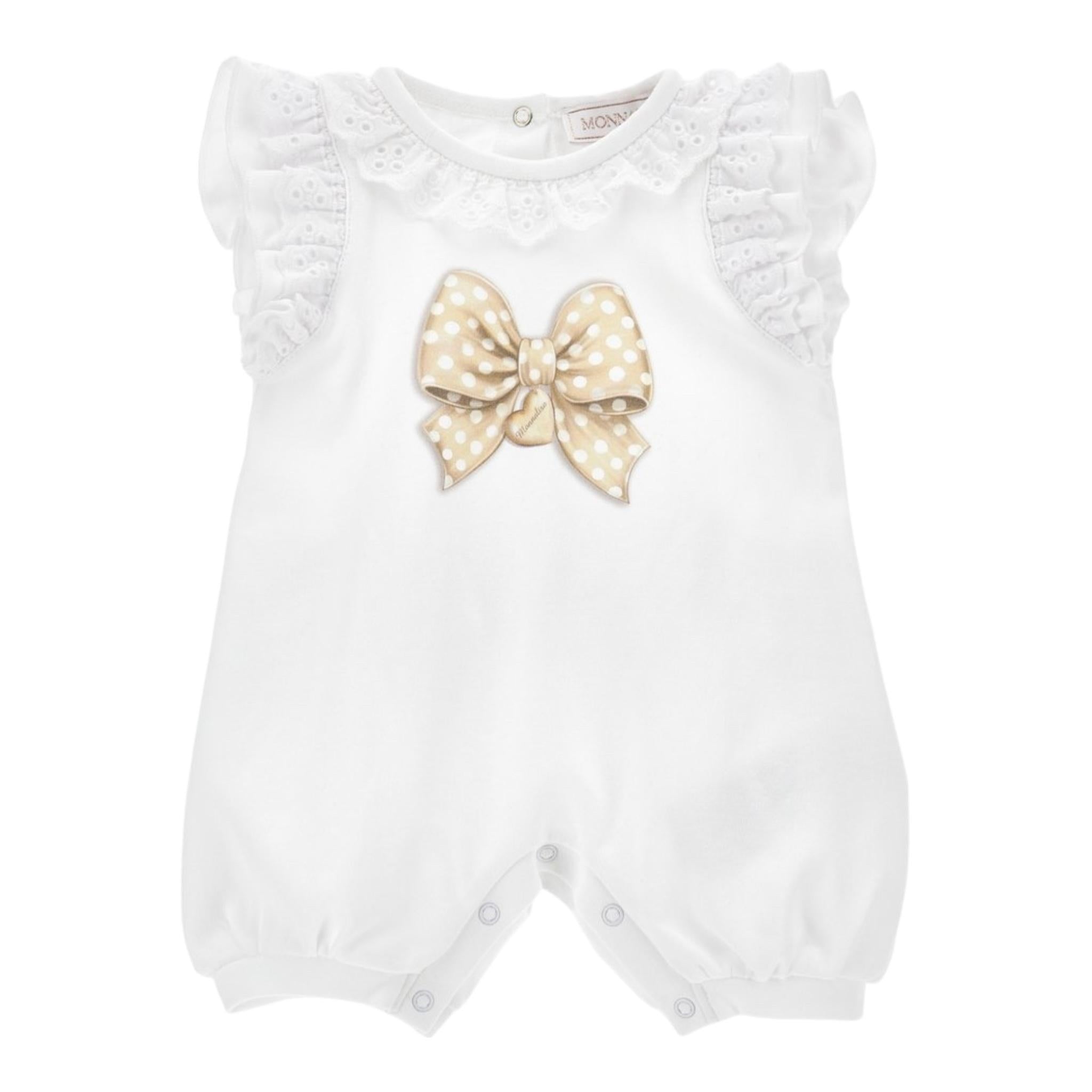 Monnalisa Pagliaccetto Giromanica Tinta Unita con Stampa per Neonata 35E204 BIANCO MONNALISA 