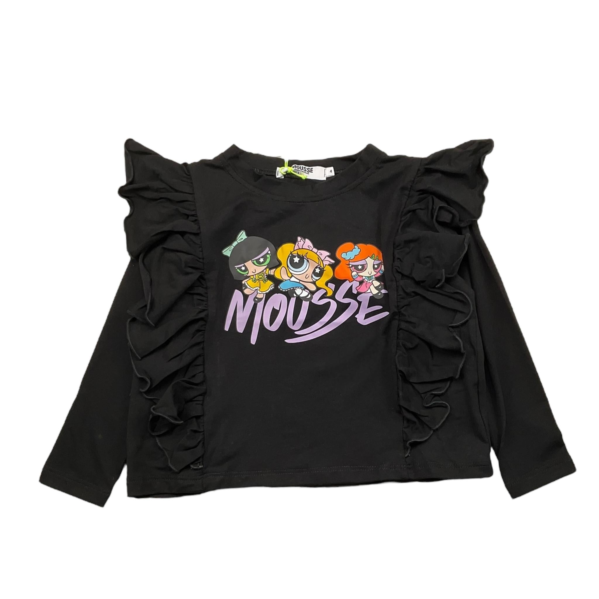 MOUSSE shirt girocollo tinta unita con stampa e rouches Nero per Bambina ROUCHES NERO MOUSSE 