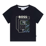 Boss T-Shirt Girocollo Tinta Unita Con Stampa Blu Per Neonato
