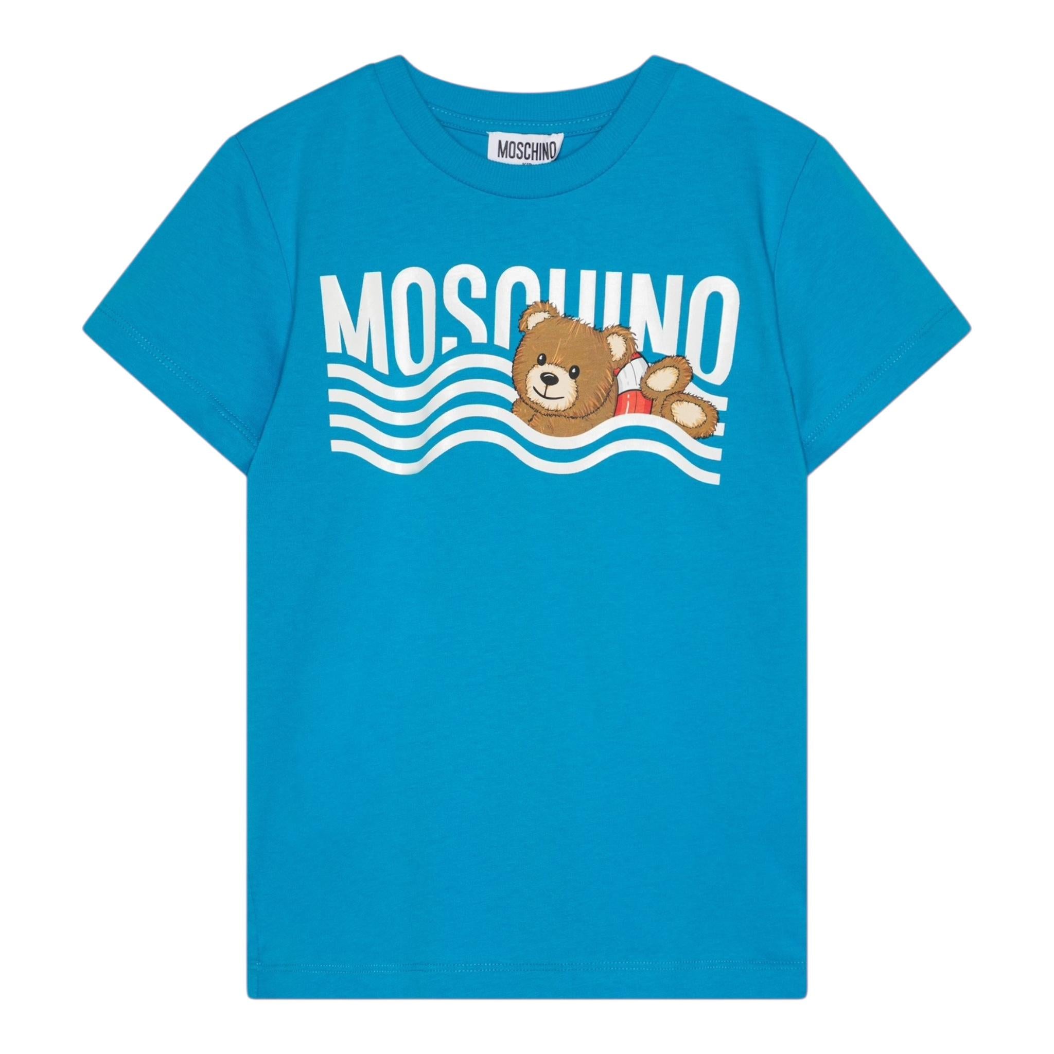 Moschino T-Shirt Girocollo Tinta Unita con Stampa per Bambino HYM04K AZZURRO MOSCHINO 