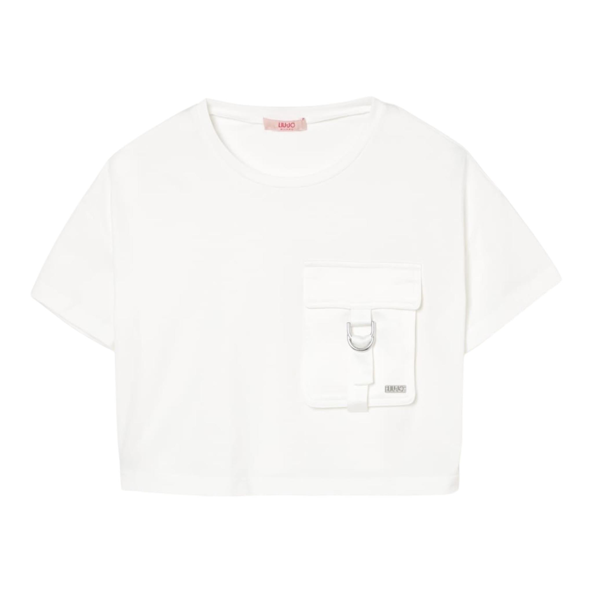 Liu Jo T-Shirt Girocollo Tinta Unita con Taschino Modello Crop per Bambina GA5016X BIANCO LIU JO 