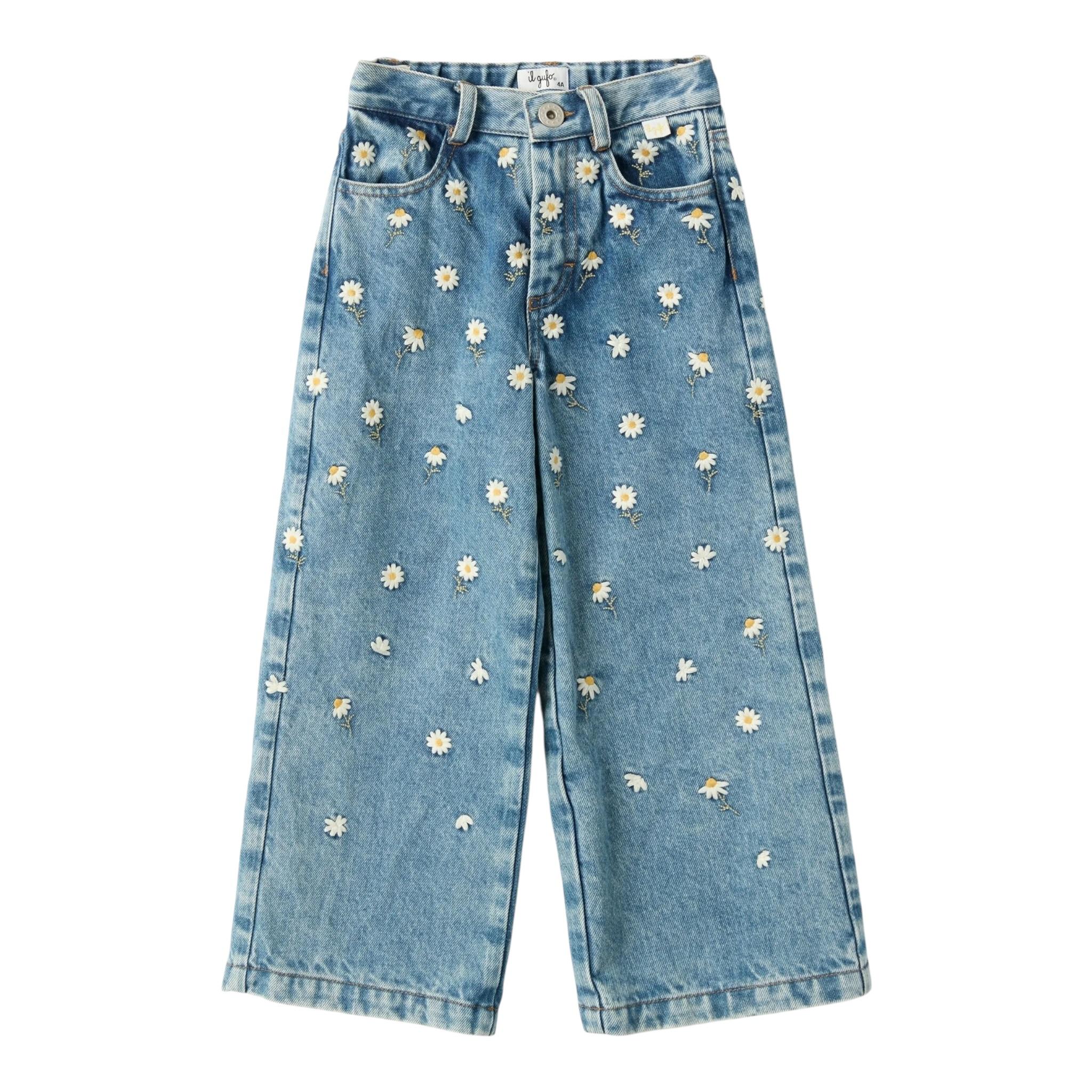 Il Gufo Jeans Tinta Unita Modello Palazzo con Ricami per Bambina P25PL453J0052 AZZURRO IL GUFO 