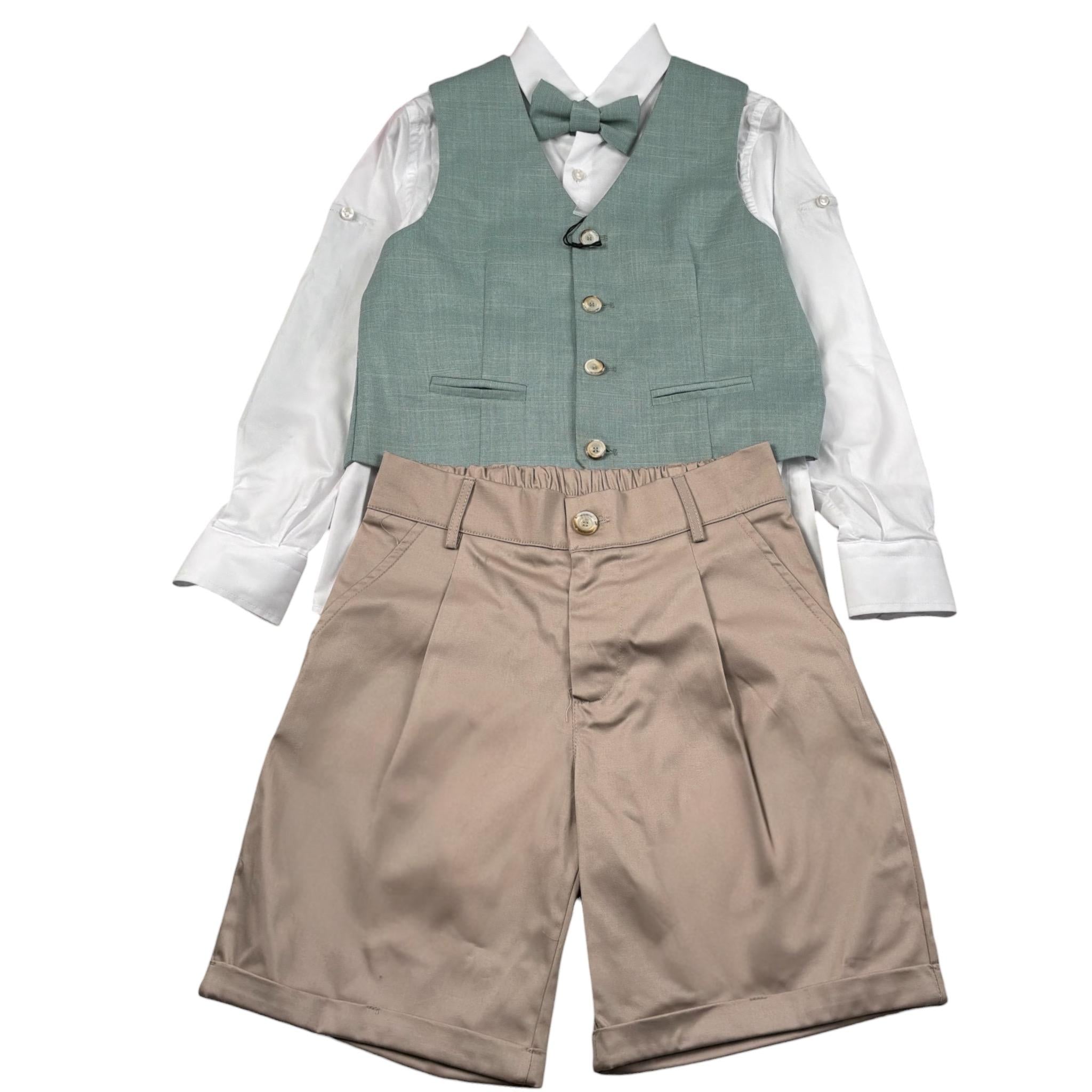 Never Too Completo 4 Pezzi Camicia-Gilet-Papillon-Bermuda Verde per Neonato GM2231BN VERDE NEVER TOO 