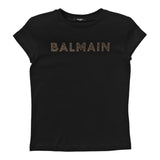 Balmain T-Shirt Girocollo Tinta Unita Con Stampa Brillantinata Nero Per Bambina