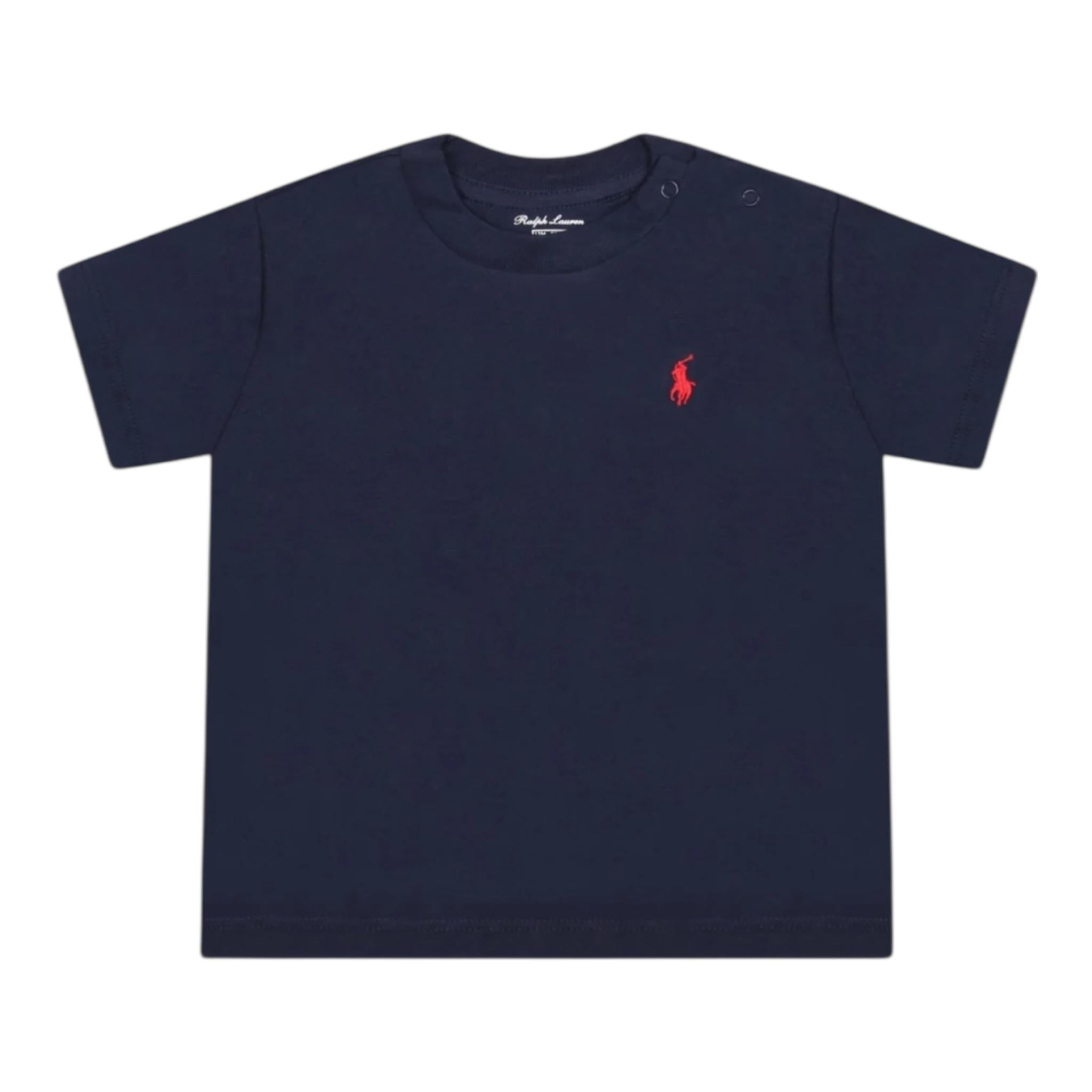 Ralph Lauren T-Shirt Girocollo Tinta Unita con Ricami per Neonato 320832904035 BLU RALPH LAUREN 