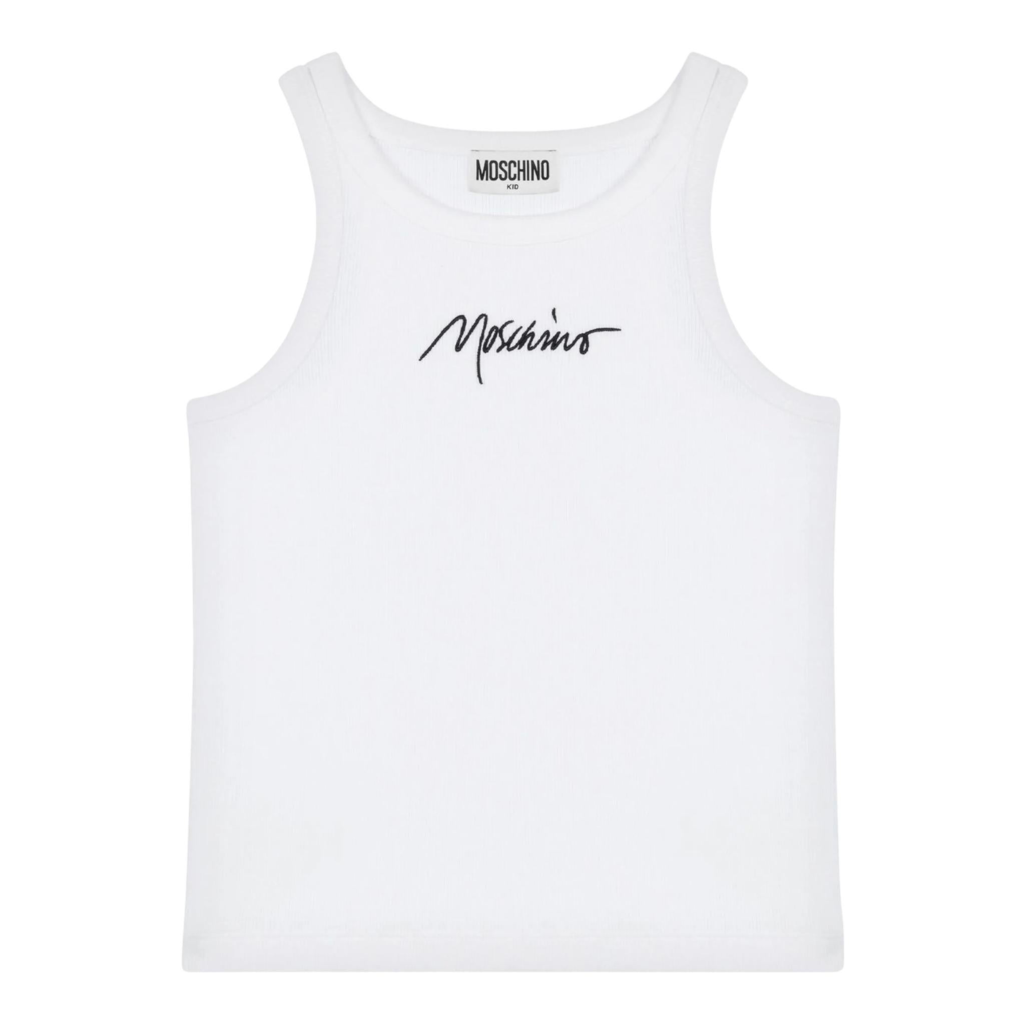 Moschino Canotta Girocollo Tinta Unita con Ricamo Logo per Bambina HDM06 BIANCO MOSCHINO 