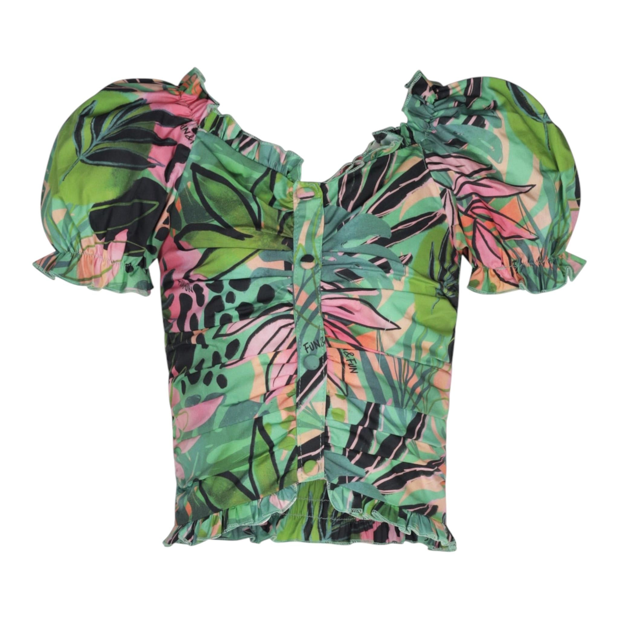 Fun & Fun Camicia Tinta Unita Mezza Manica Con Fantasia Floreale Verde Per Bambina 17092 VERDE FUN & FUN 