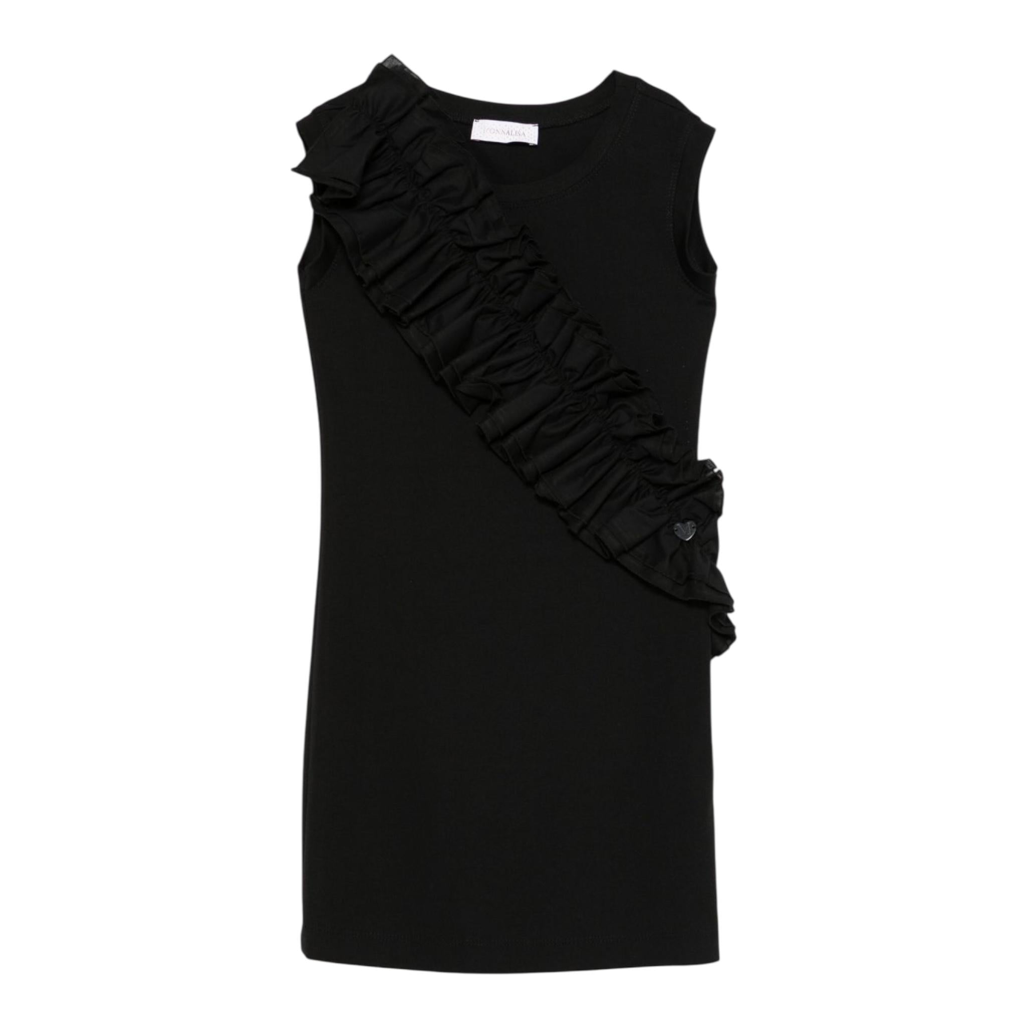Monnalisa Abito Tinta Unita Giromanica con Balze per Bambina 17E905X NERO MONNALISA 