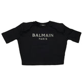 Balmain T-Shirt Girocollo Tinta Unita Modello Crop Con Stampa Brillantinata Nero Per Bambina