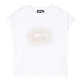 DKNY t-shirt tinta unita con stampa Bianco/oro per Bambina D62023 BIANCO/ORO DKNY 