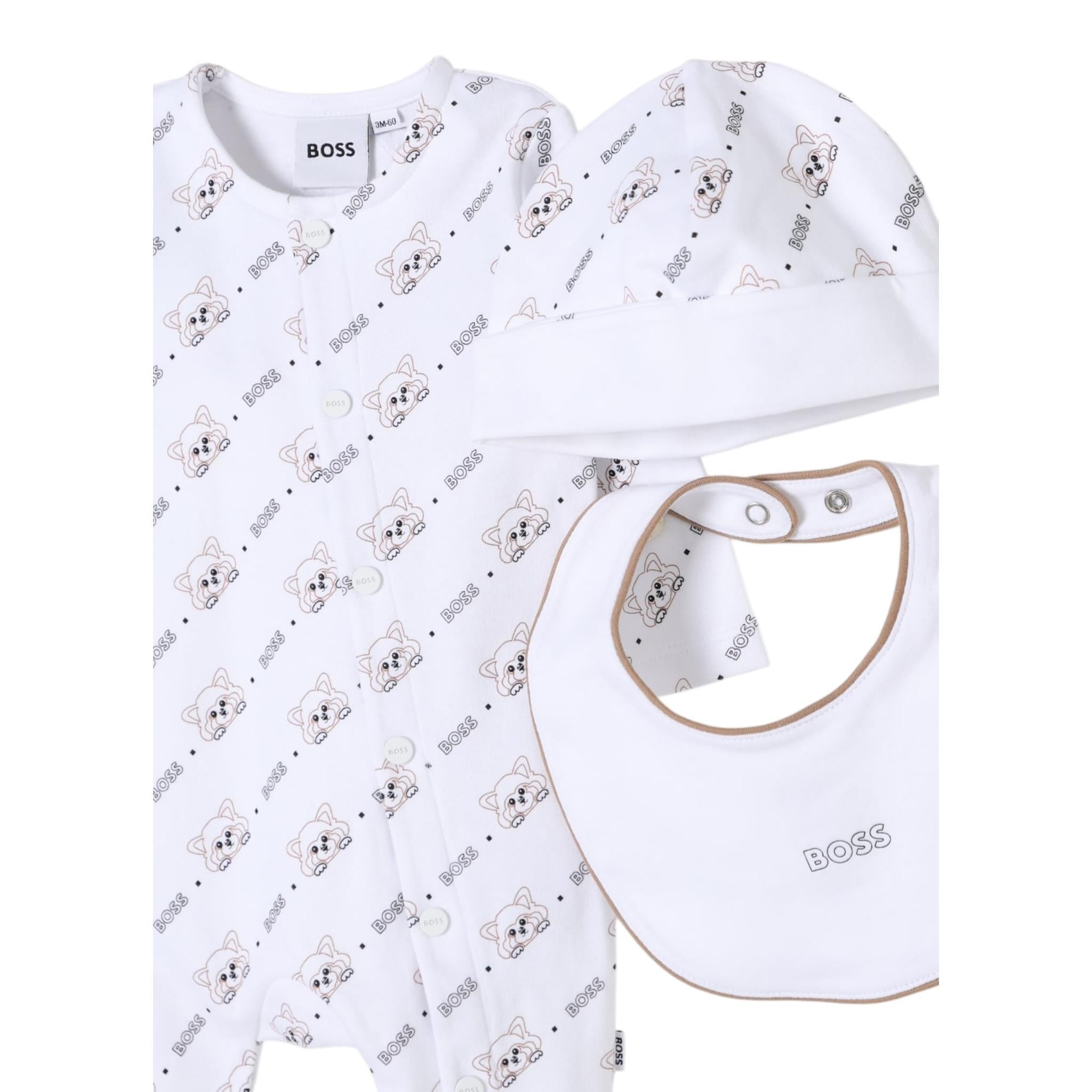 Boss Completo 3 Pezzi Tutina-Bavetta-Cappelli per Neonato J52175 BIANCO BOSS 