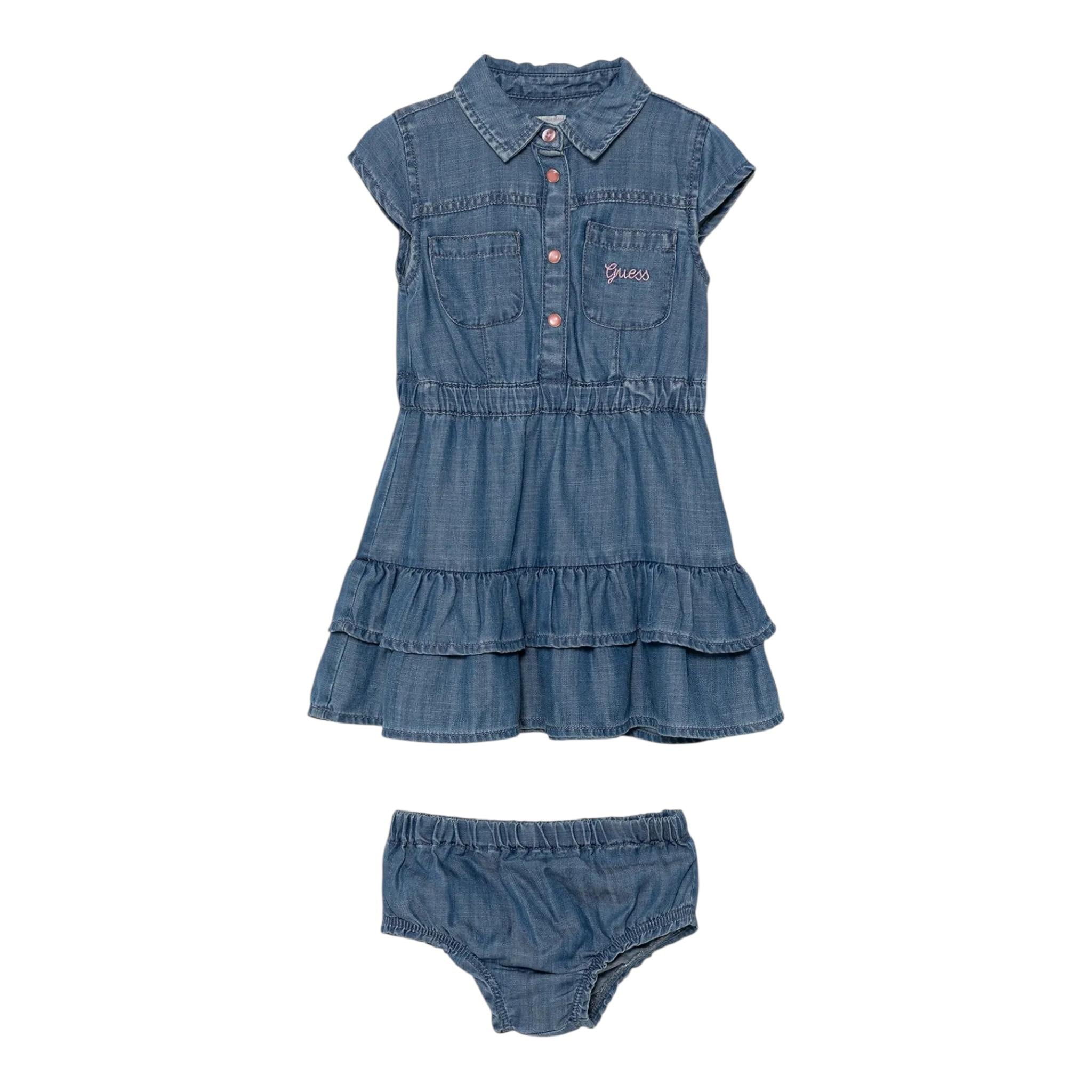 Guess Abito Giromanica In Denim Tinta Unita con Culotte per Neonata A5GK12D3X20 BLU GUESS 
